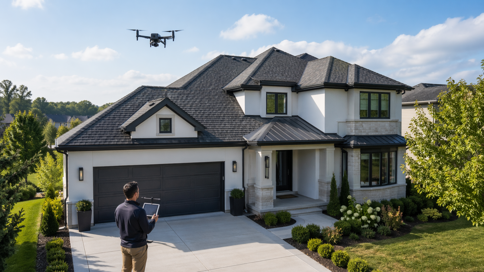 A person controls a drone flying over a modern white house with a dark gray roof, as the drone captures aerial footage in a suburban neighborhood.