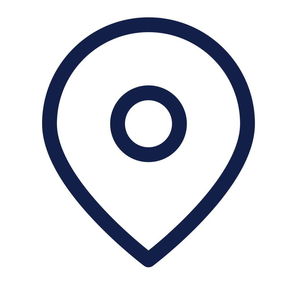 A dark blue map location pin icon on a transparent background.