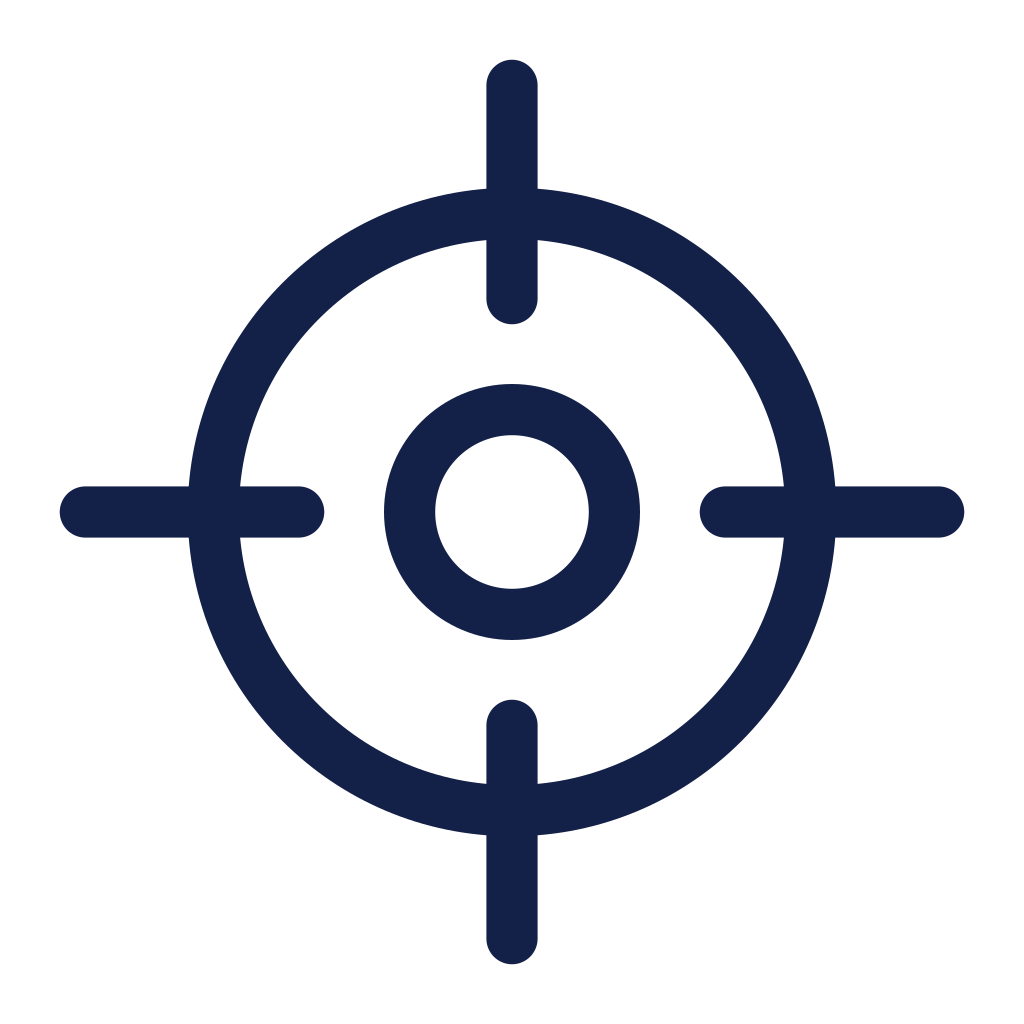 An icon of a target or crosshair symbol in dark blue color.