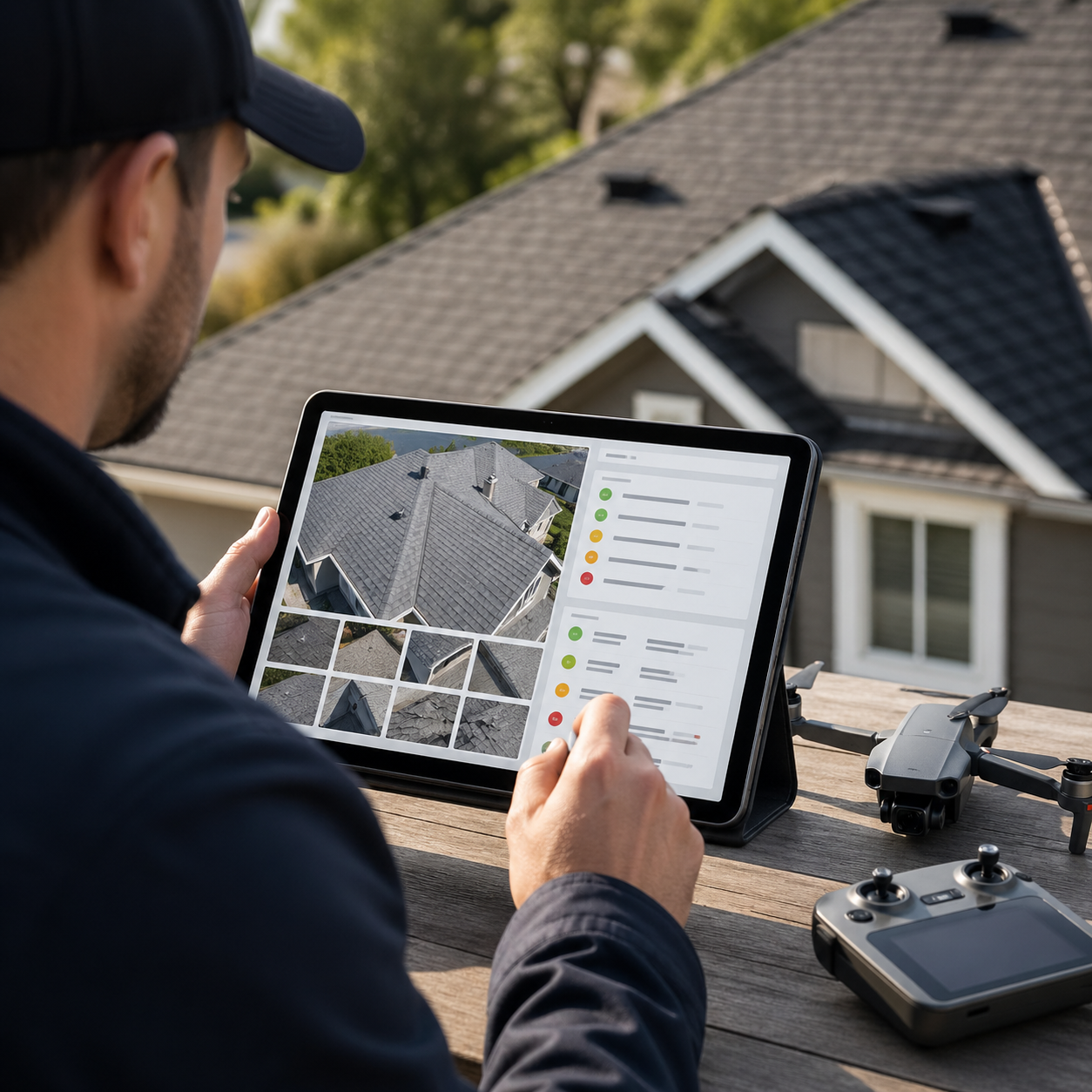 A man using a tablet to analyze images and data related to rooftop inspection, with a drone and remote control on the table nearby, outdoors on a wooden surface with houses in the background.