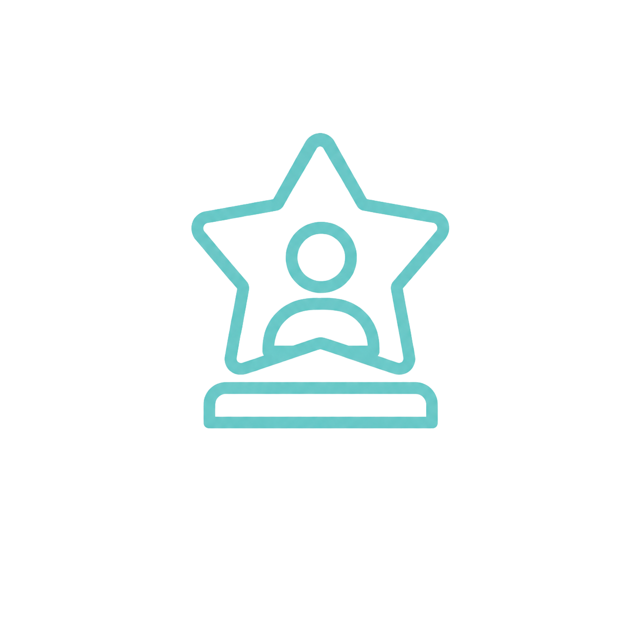 Neon-style trophy icon with a star shape and a person, on a rectangular base.