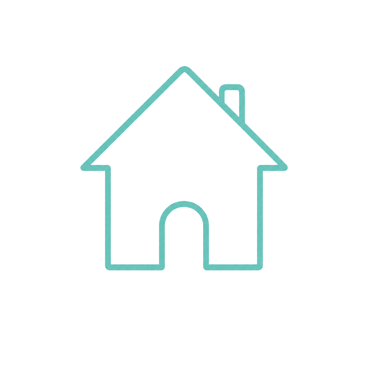 Illustration of a house-shaped shape with a hanging door, depicted with a teal outline and white interior, against a black background.