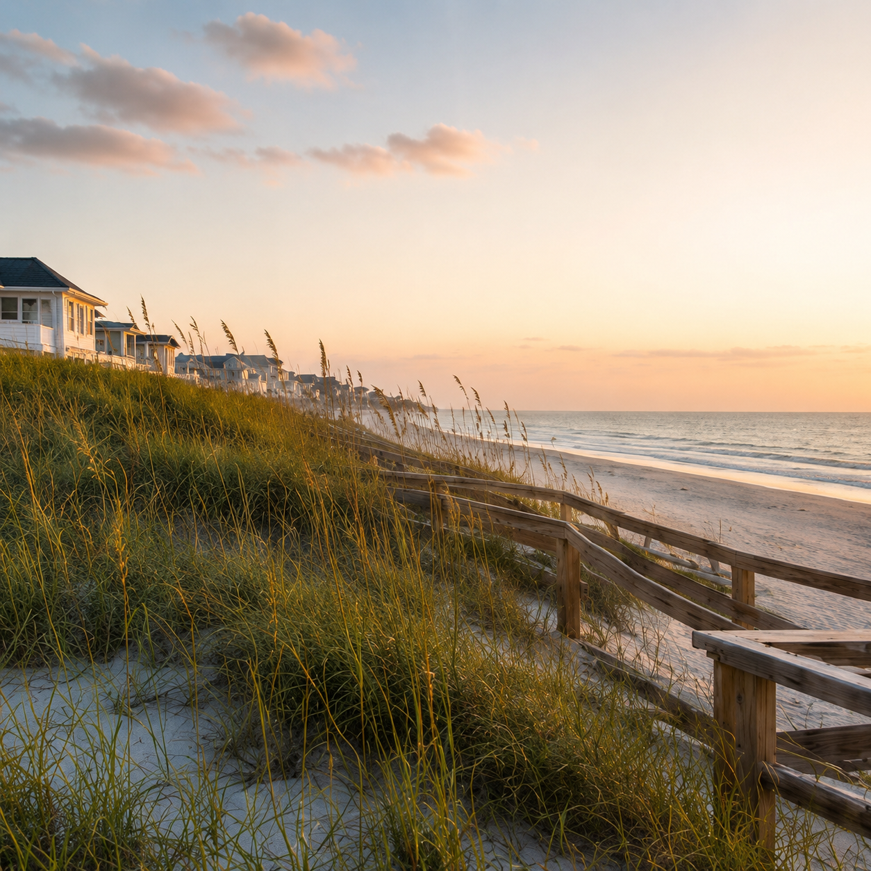 Beachside houses on a grassy dune with a wooden railing overlooking the ocean during sunset.