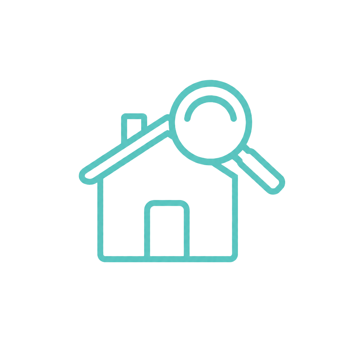 Outline icon of a house with a magnifying glass over it.