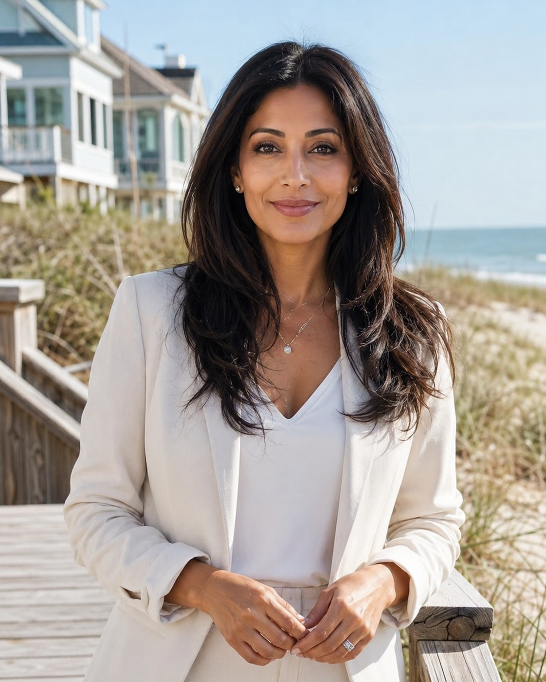 A woman standing on a wooden walkway near a beach, wearing a white blazer and top, with the ocean and houses in the background.