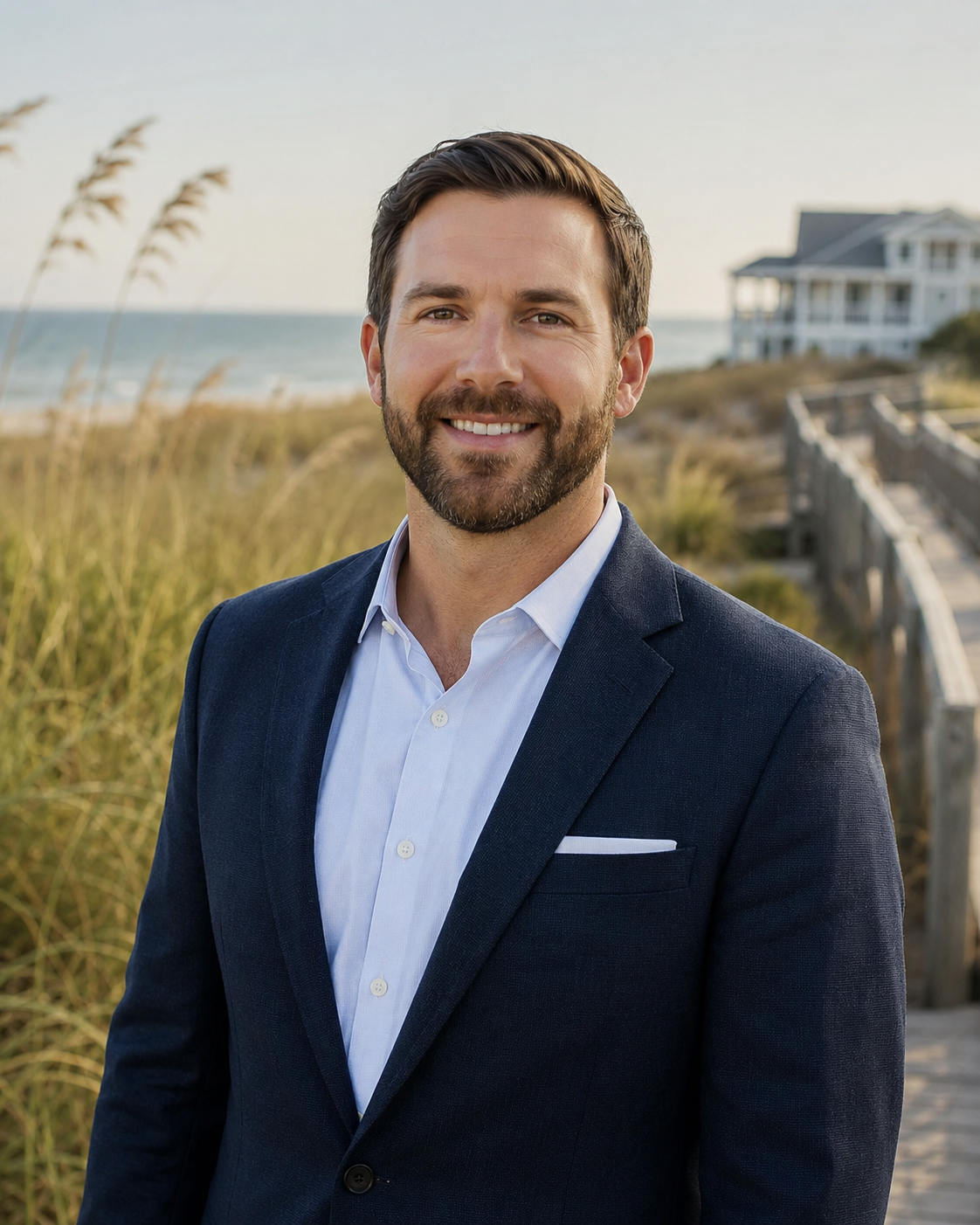 Man in a navy suit and white shirt standing outdoors near a beach with dunes and a house visible in the background.