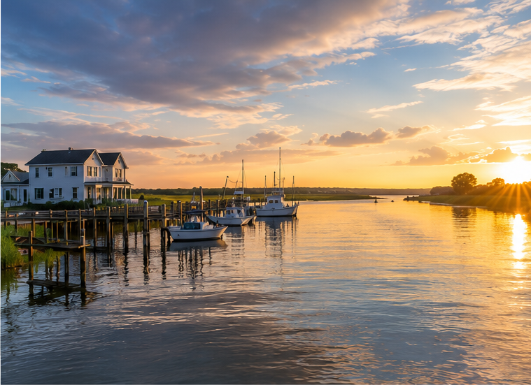 Sunset over a peaceful harbor with sailboats docked and a large white house nearby.