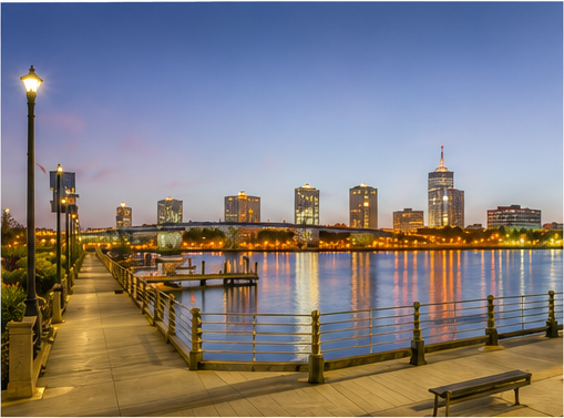 Scenic view of a city skyline at dusk with high-rise buildings, a waterfront promenade, and street lamps reflecting on the water.