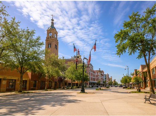 Empty town square with trees, American flags, historic clock tower, and buildings under a partly cloudy sky.