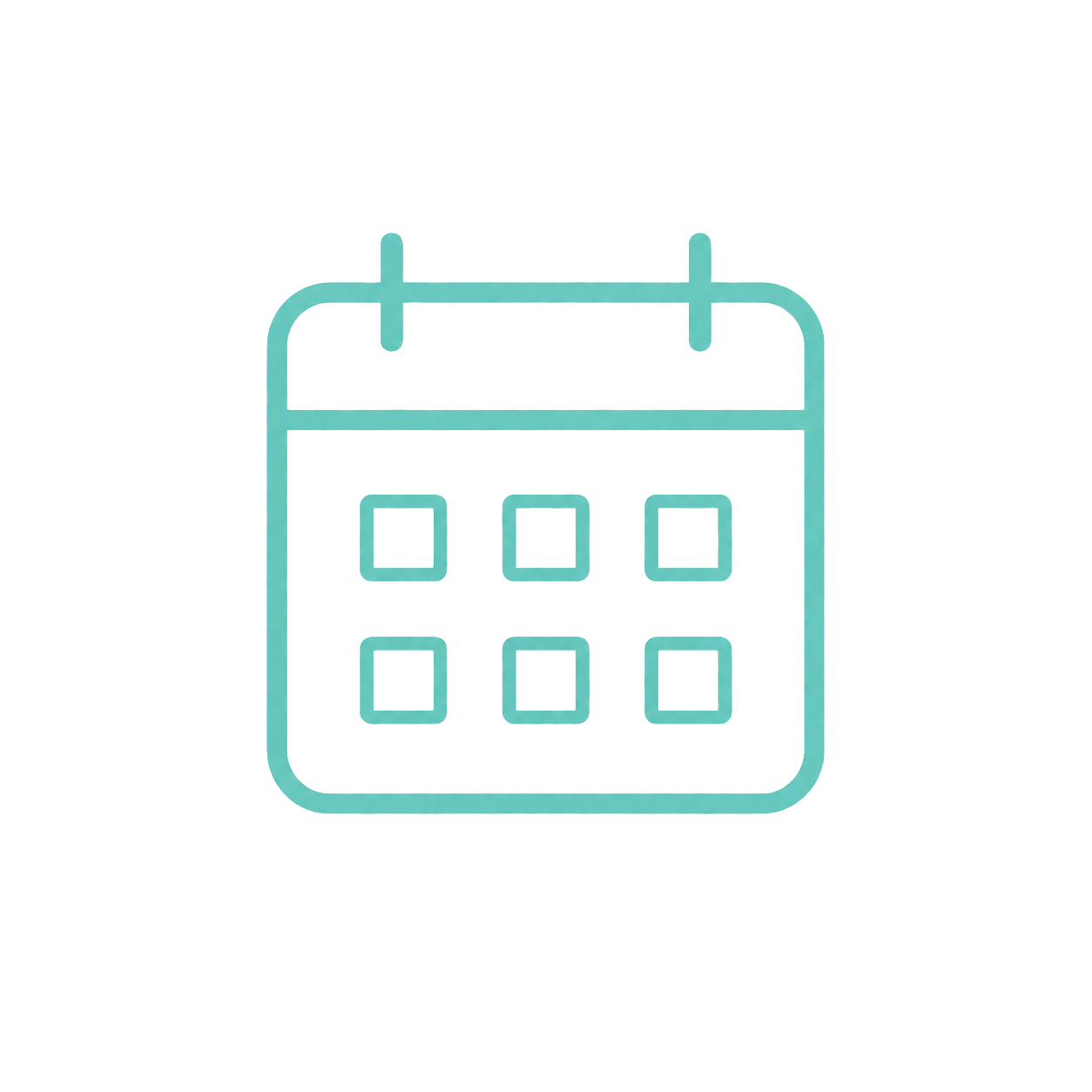 A stylized graphic of a calendar with a blank page, featuring a grid of six squares, some with small yellow markings.