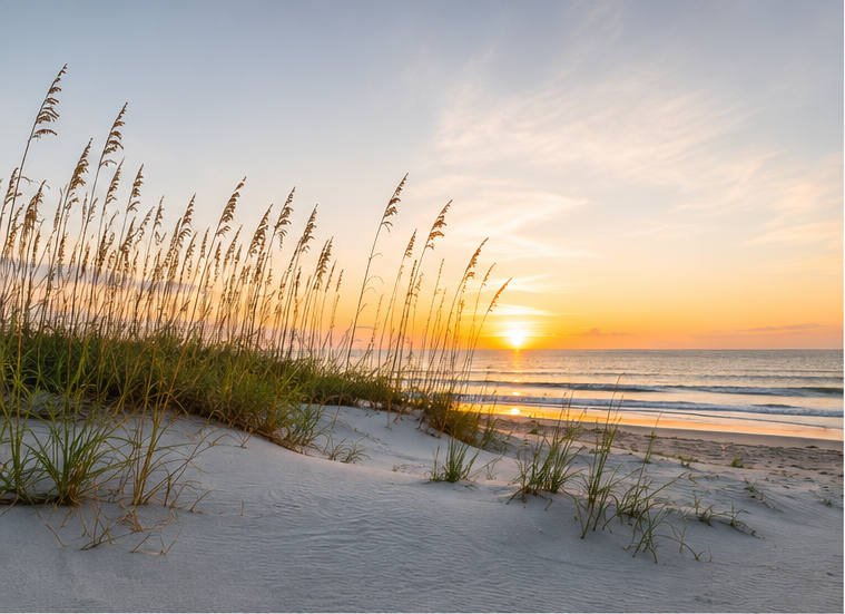 Beach scene during sunrise with sand dunes, tall grasses, and ocean waves.