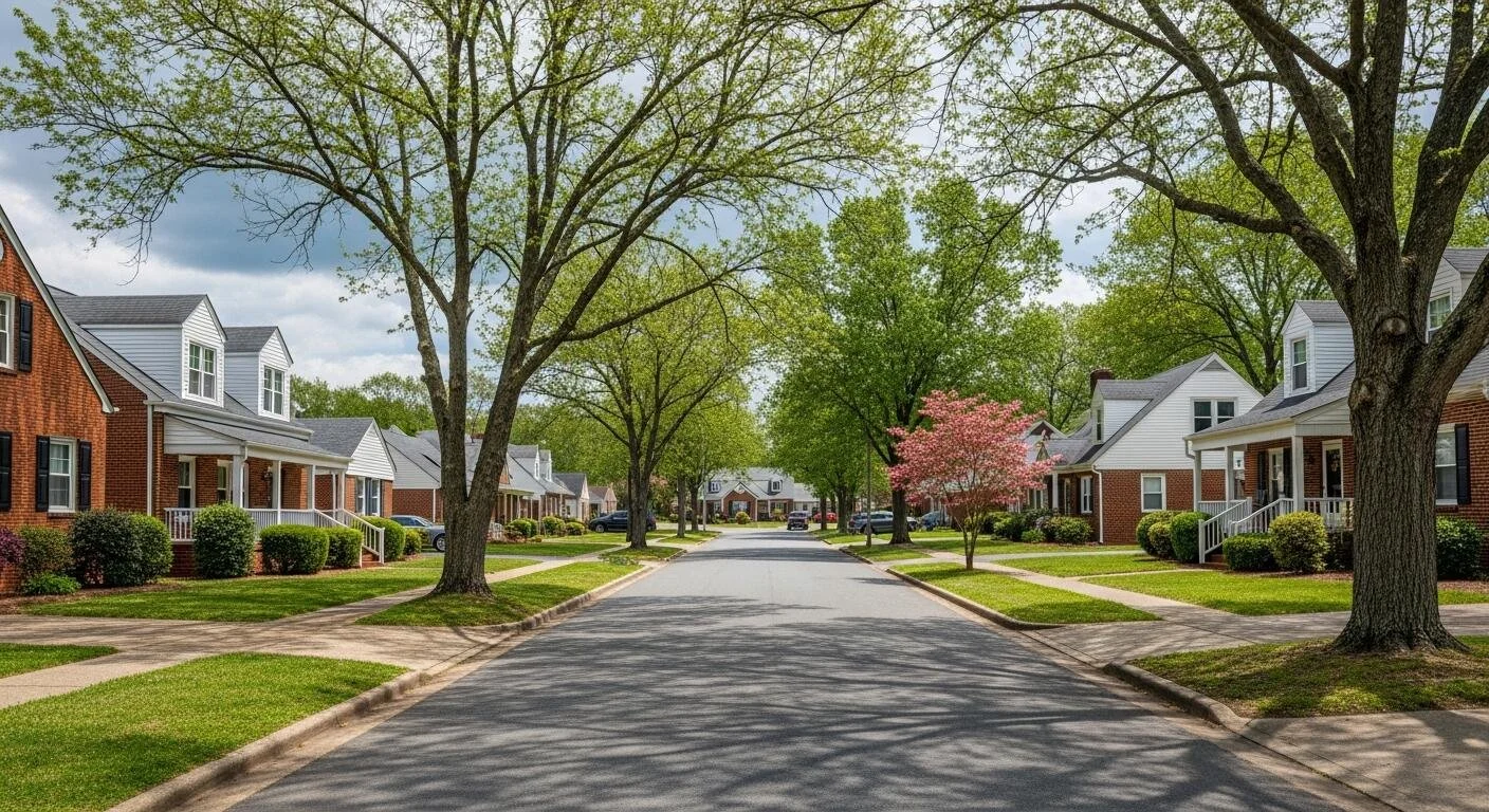 Residential neighborhood with brick and white houses, green lawns, leafed trees, and a paved street.