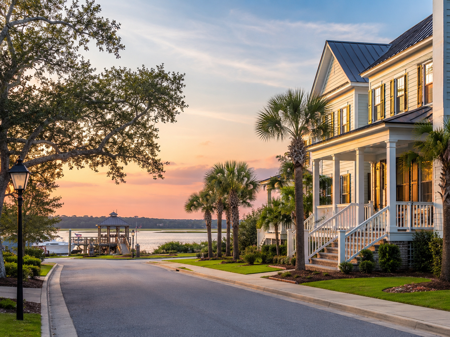 A peaceful waterfront neighborhood at sunset with a white two-story house, palm trees, a paved road, a dock with a gazebo, and a boat by the water, under a colorful sky.