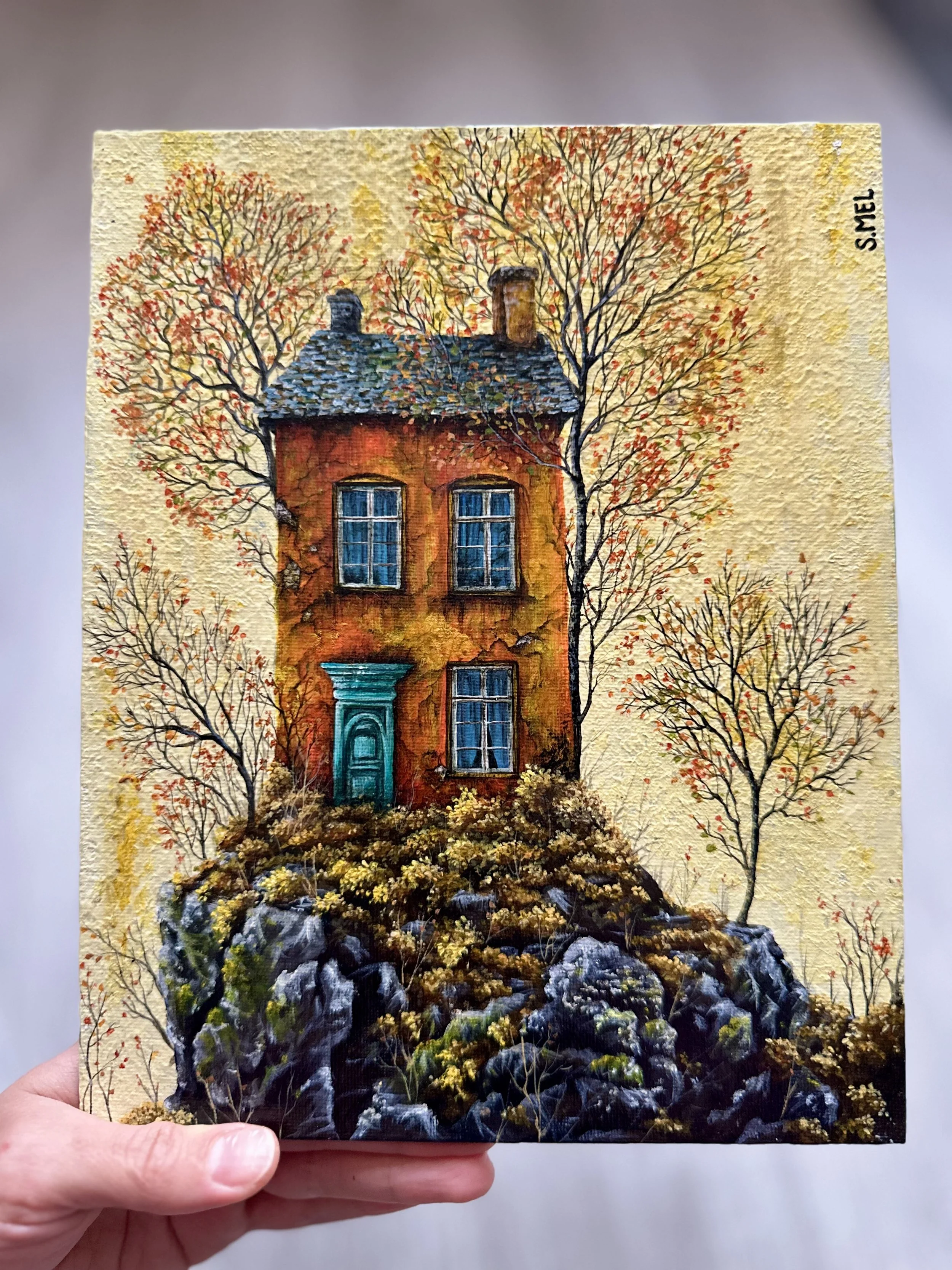 “Autumn House on the Hill” – Original Acrylic Painting | Whimsical Cottage Landscape | Cozy Fall Wall Art