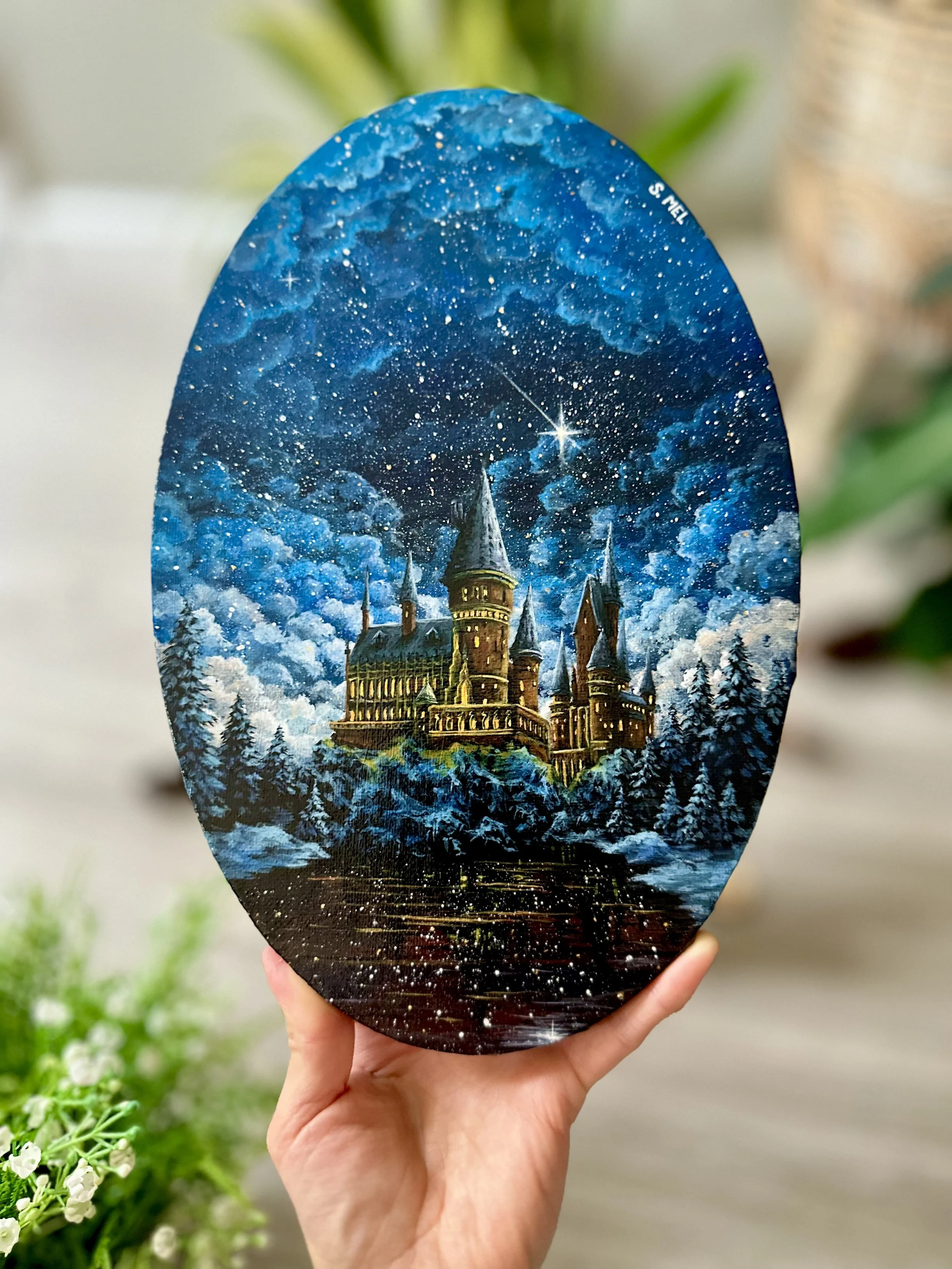 “Hogwarts Castle”– Original Acrylic Painting on Wood Slice, Harry Potter Inspired Wall Art, Magical Fantasy Landscape, Hand-Painted Artwork