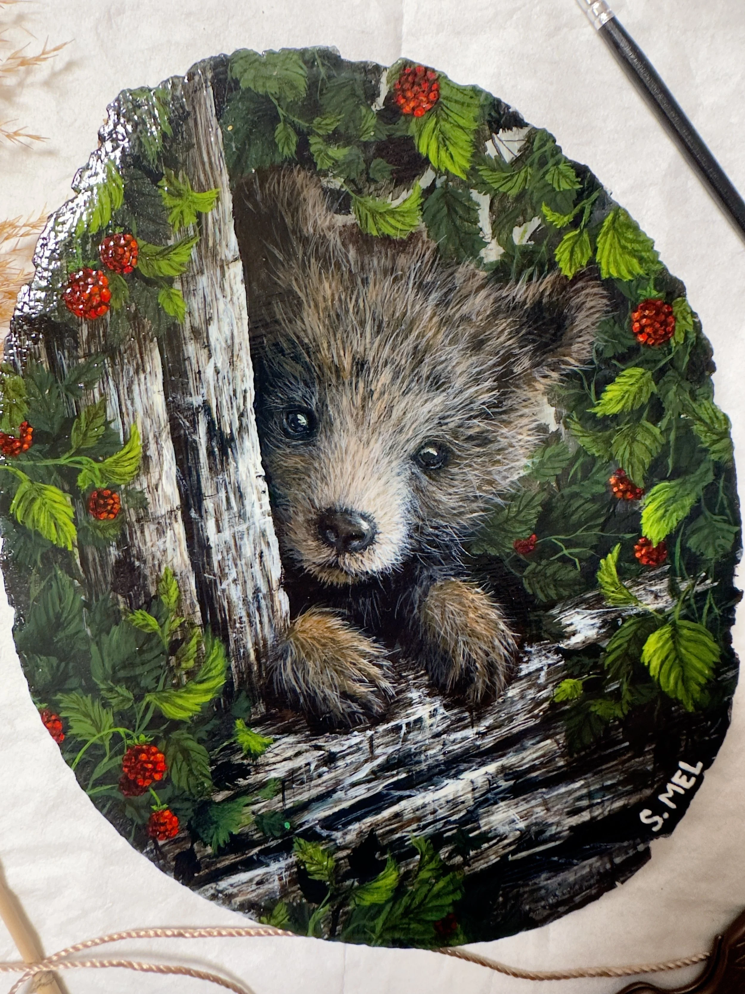 "Little bear cub in the Brambles" - Original acrylic painting on Wood