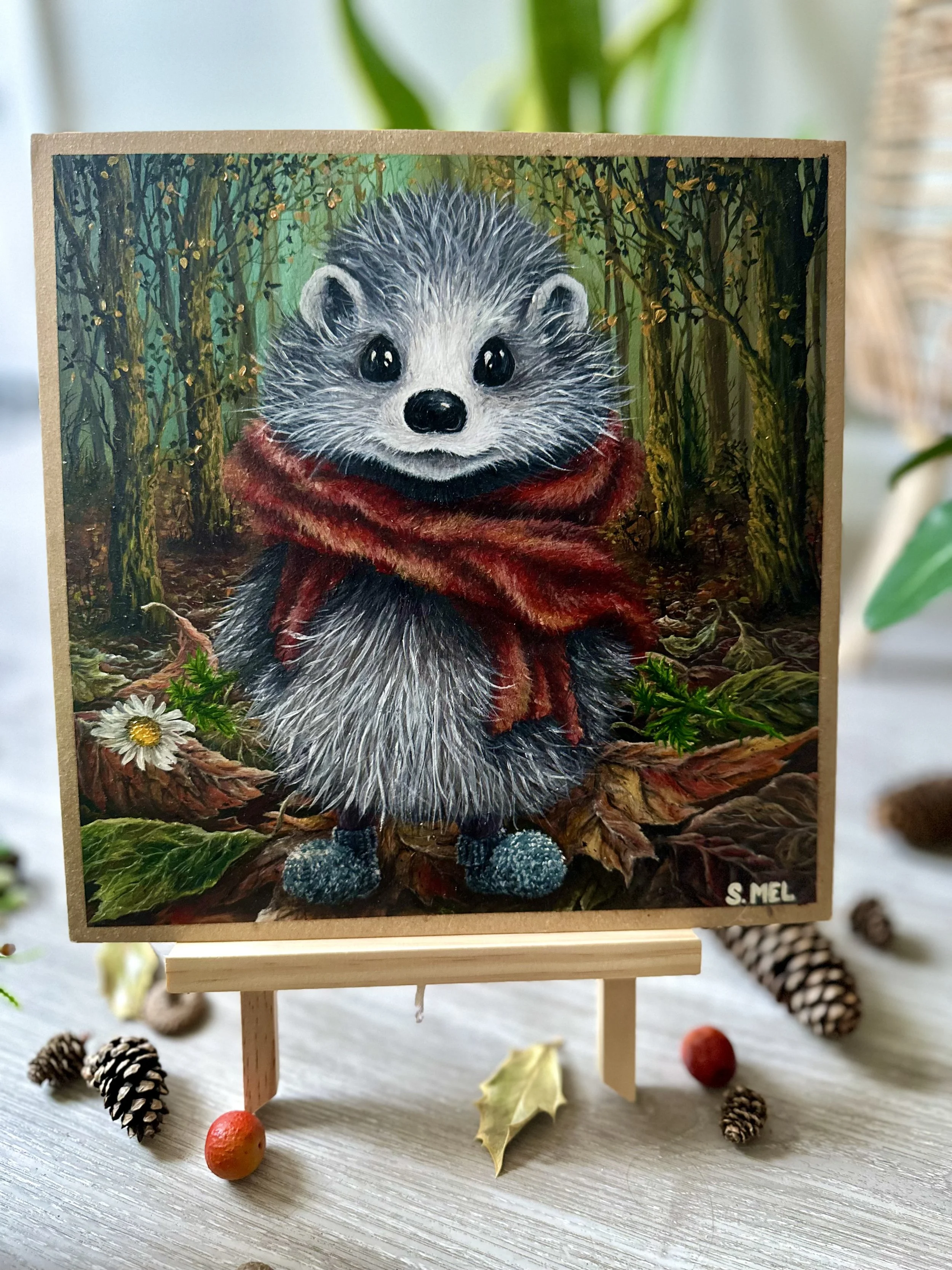 “Little Hedgehog in a Red Scarf” – Original Oil Painting on Art Board, Woodland Animal Artwork, Cozy Forest Decor, Cute Hedgehog PaintinG