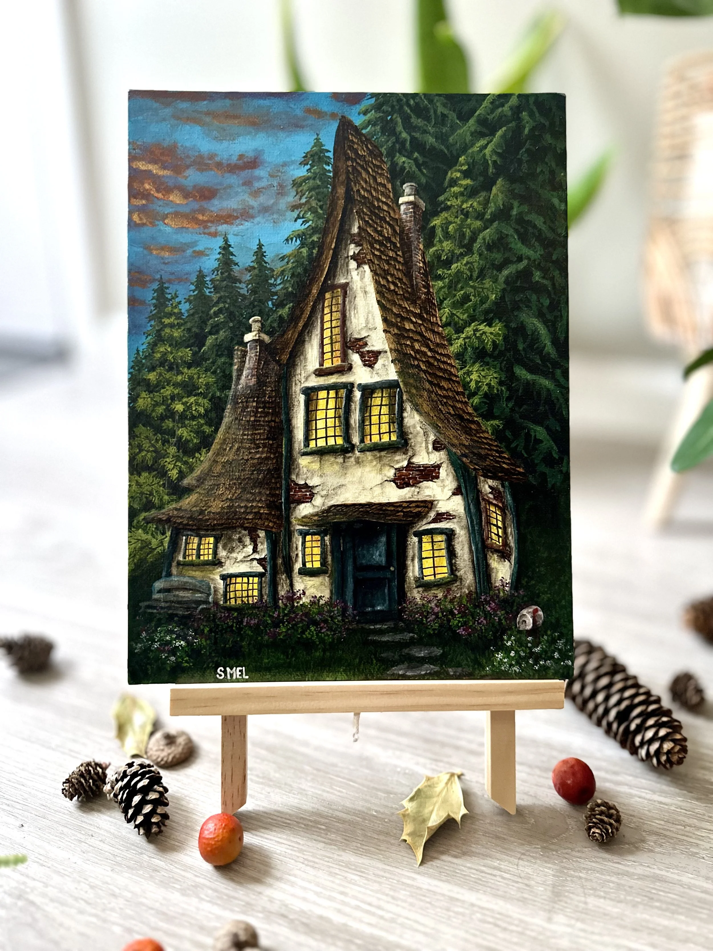 “Enchanted Forest Cottage” – Original Acrylic Painting on Canvas, Fantasy Woodland House, Cozy Cottage Art, Whimsical Home Decor, 9x12 Inch