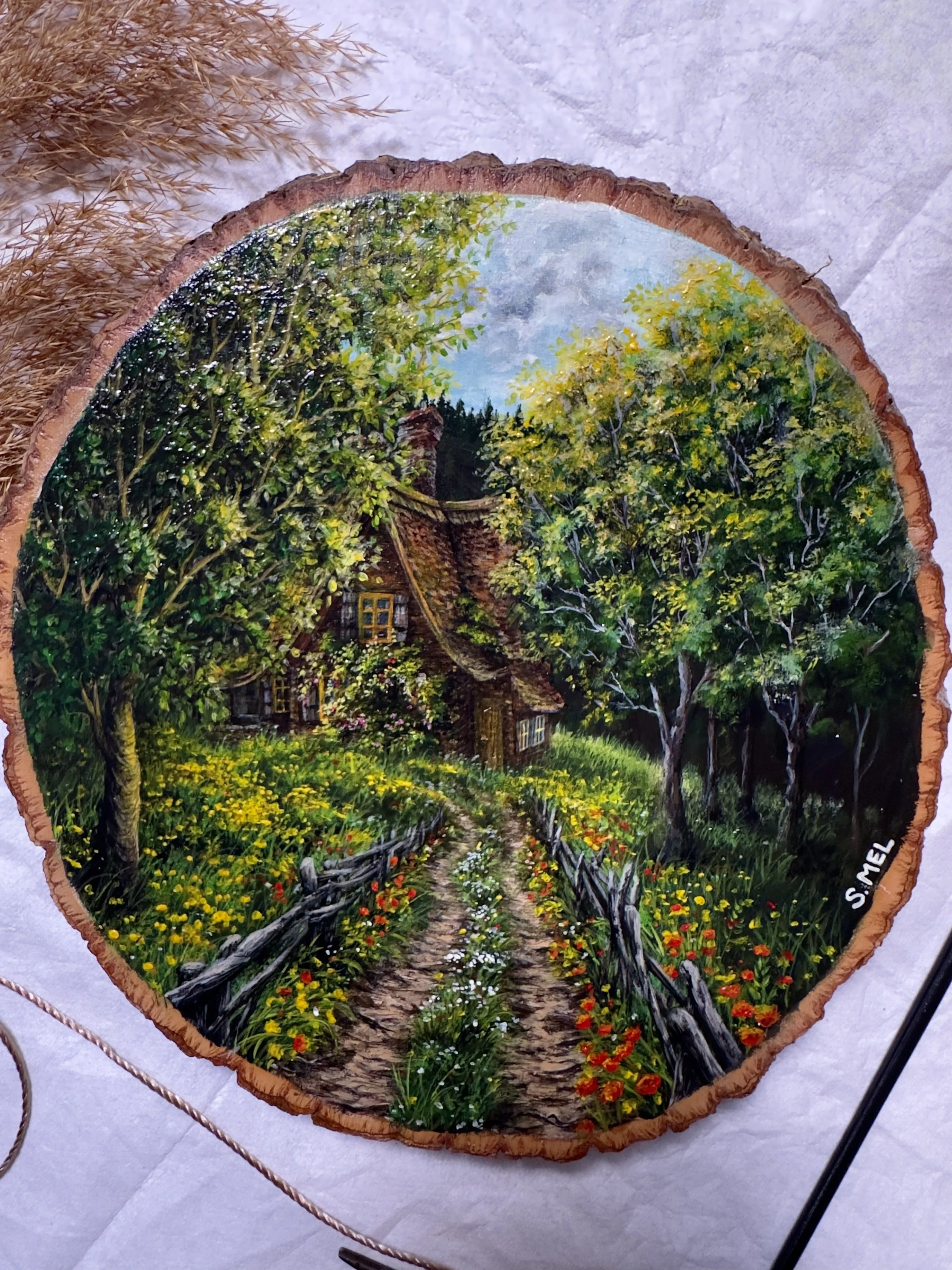 “The Cottage Beyond the Wildflowers” – Original Painting on Wood