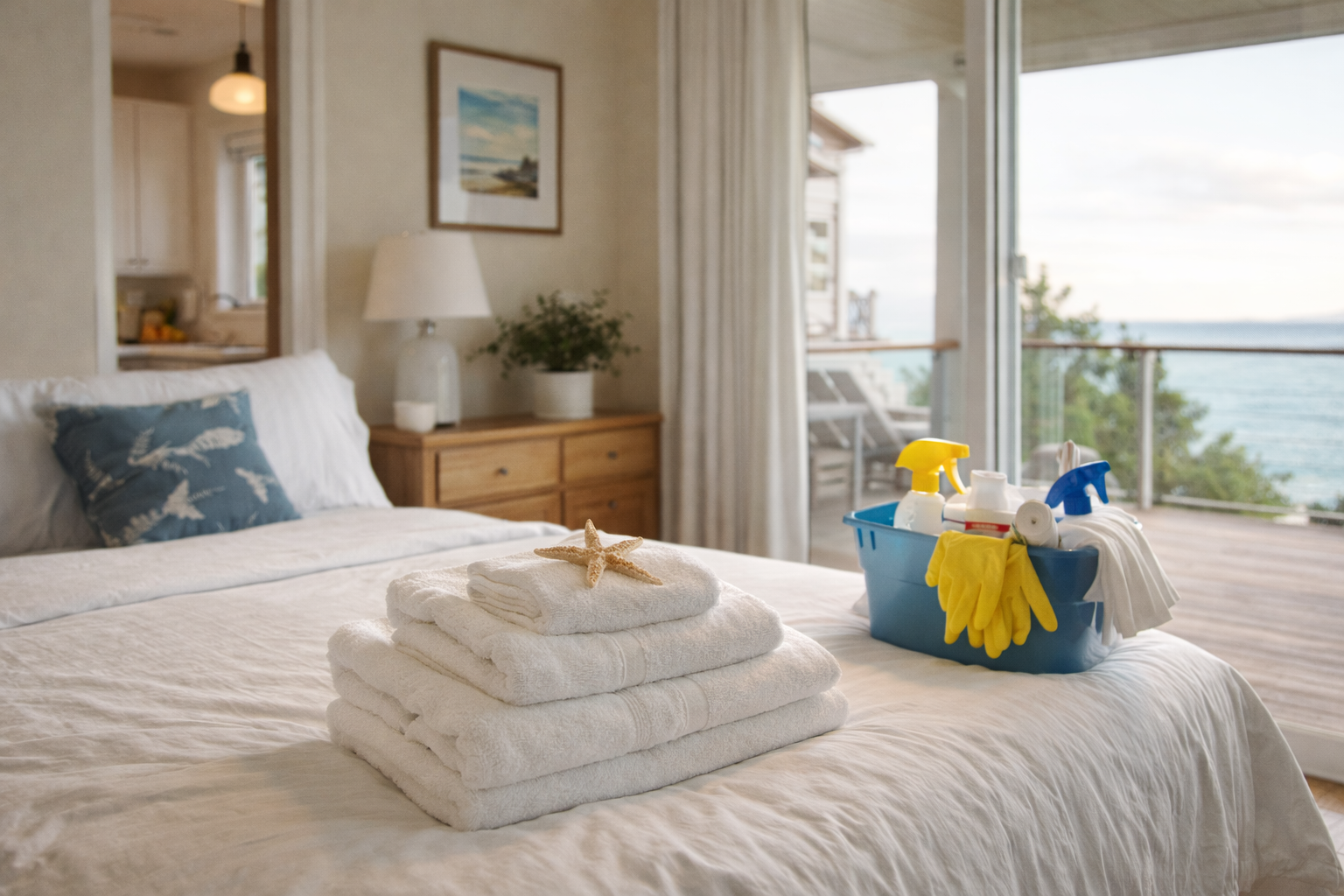 Clean bed with folded towels and starfish, cleaning supplies in blue bin, ocean view from balcony, bedroom with wooden furniture and framed artwork
