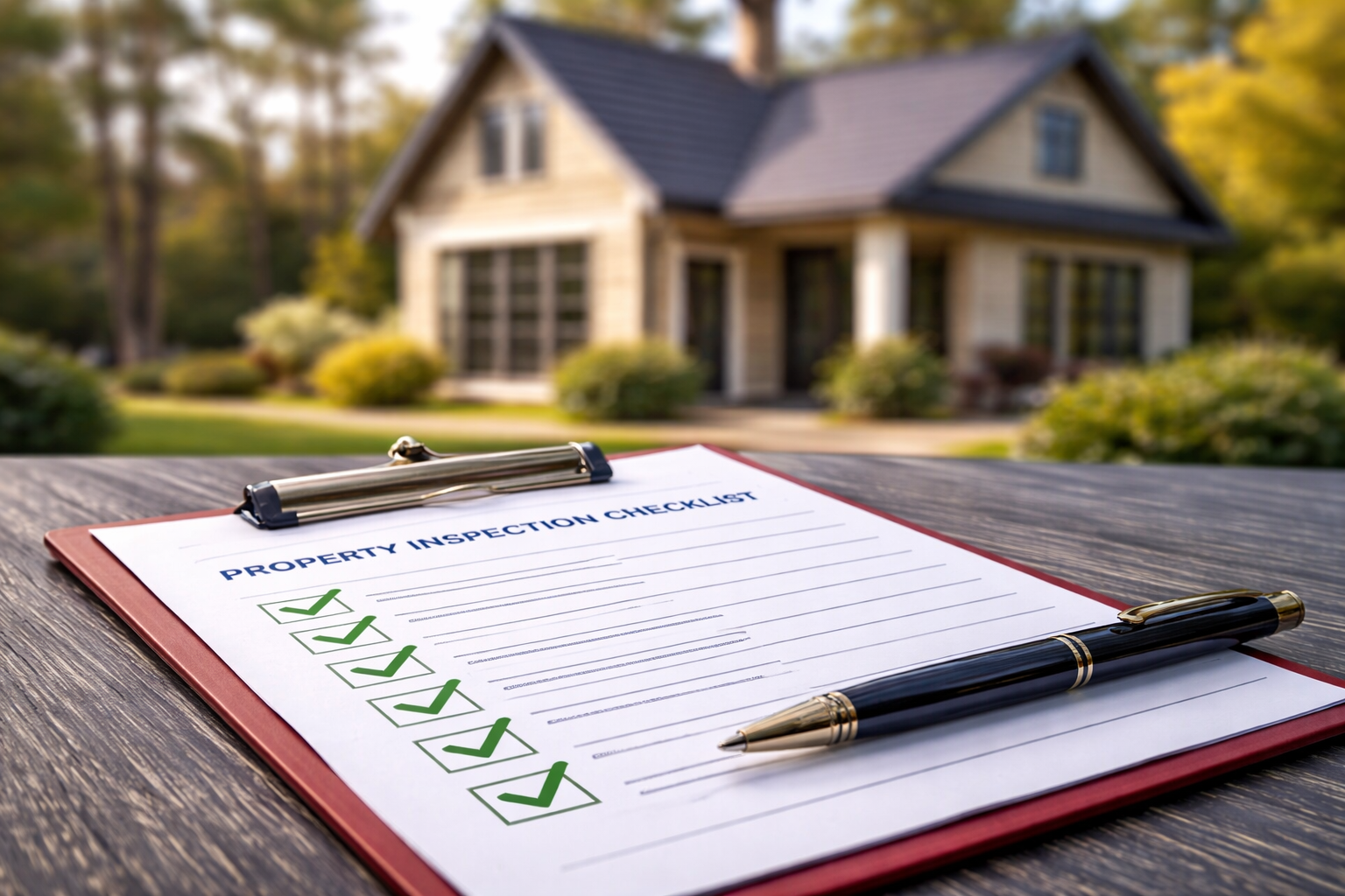 A checklist titled 'Property Inspection Checklist' on a clipboard with a pen, placed on a wooden surface outdoors in front of a house with trees and bushes.