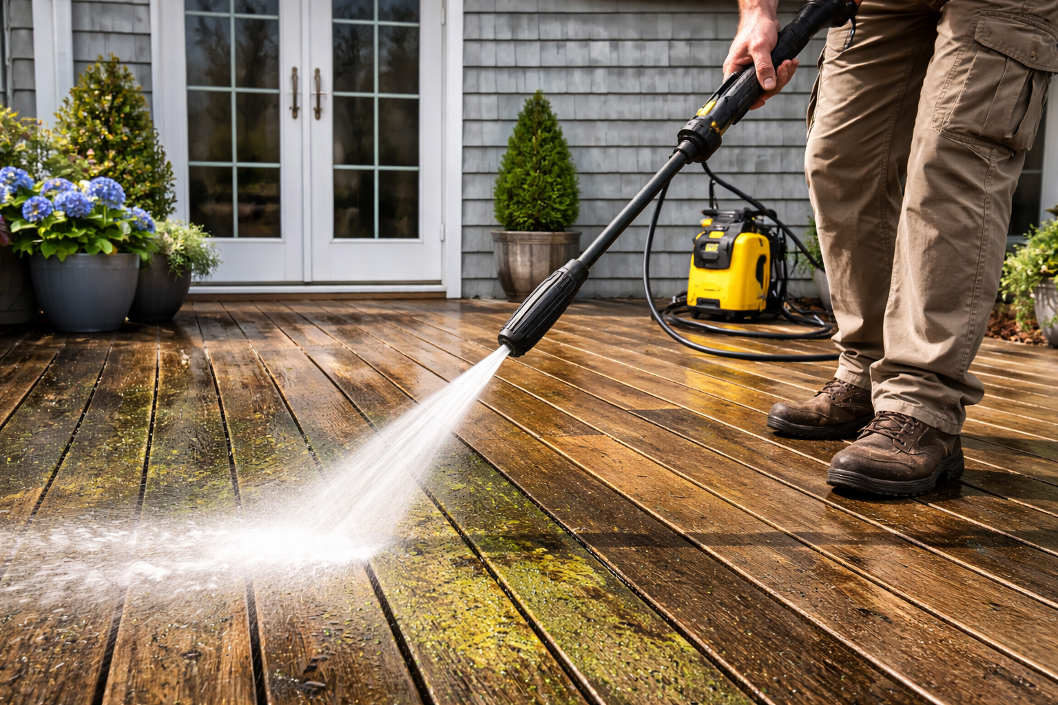 Person pressure washing a wooden deck outside a house with potted plants and a sliding glass door in the background.