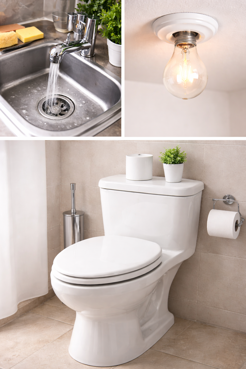 Split image showing a kitchen sink with running water, an exposed light bulb fixture on the ceiling, and a white toilet with a plant and toilet paper roll on the tank in a bathroom.