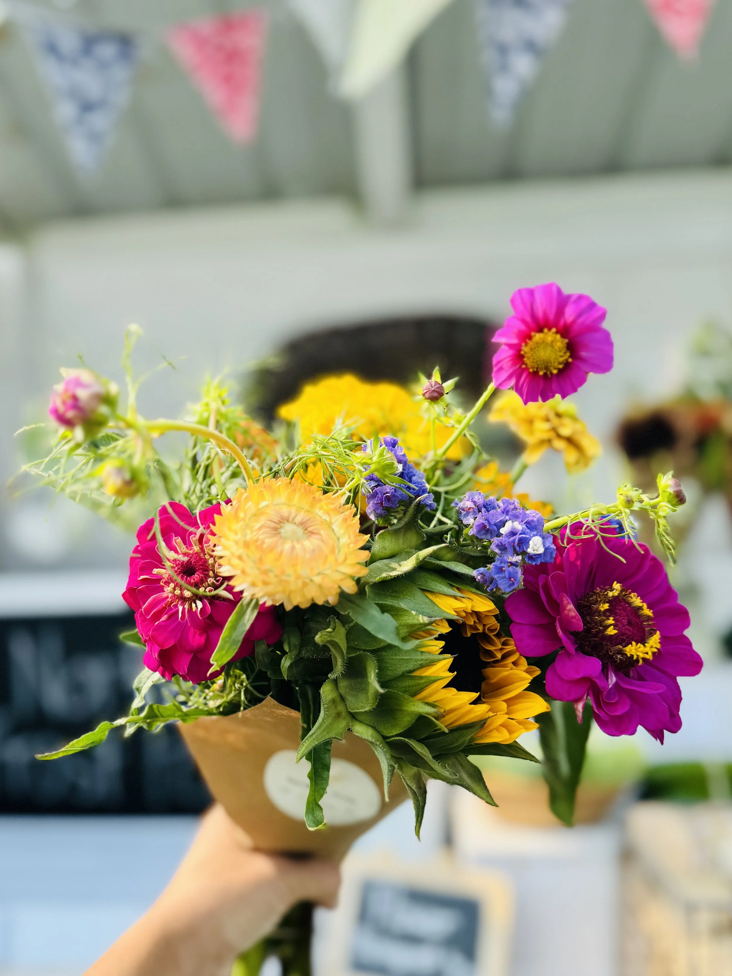 A person holding a colorful bouquet of various flowers, including pink, yellow, purple, and orange blossoms, in front of a blurred background.