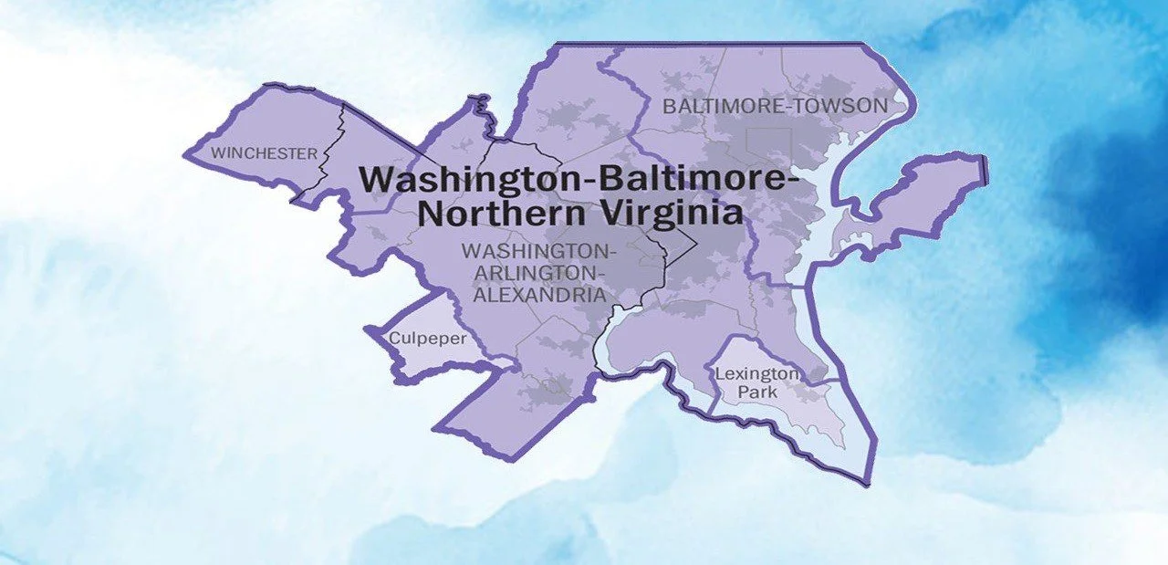 Map of Washington, Maryland, and Northern Virginia regions, highlighting Washington-Baltimore-Northern Virginia area with districts including Winchester, Baltimore-Towson, Washington-Arlington-Alexandria, Culpeper, Lexington Park.