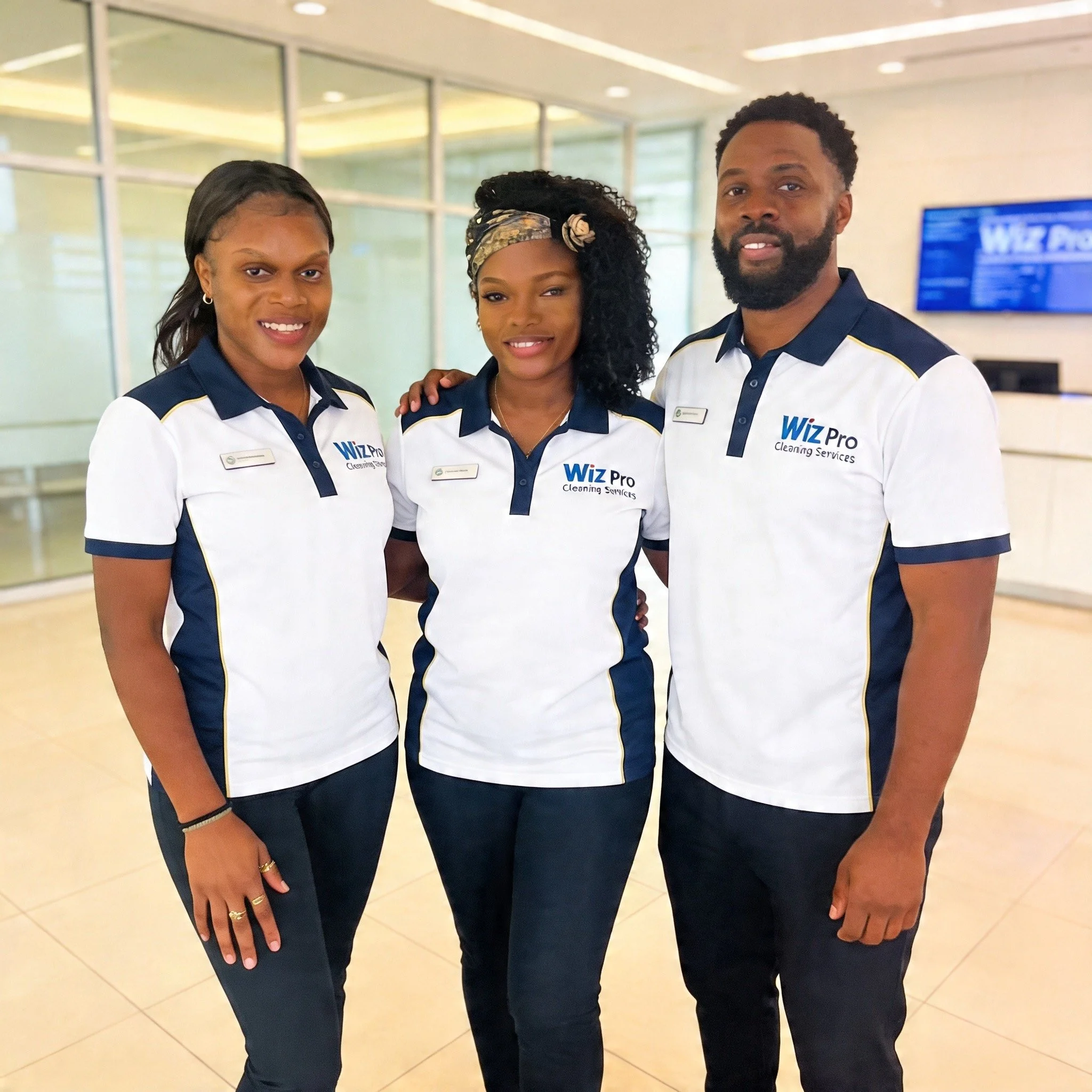 Three employees in uniform standing together in an indoor setting with glass walls and a large display screen in the background, smiling at the camera.