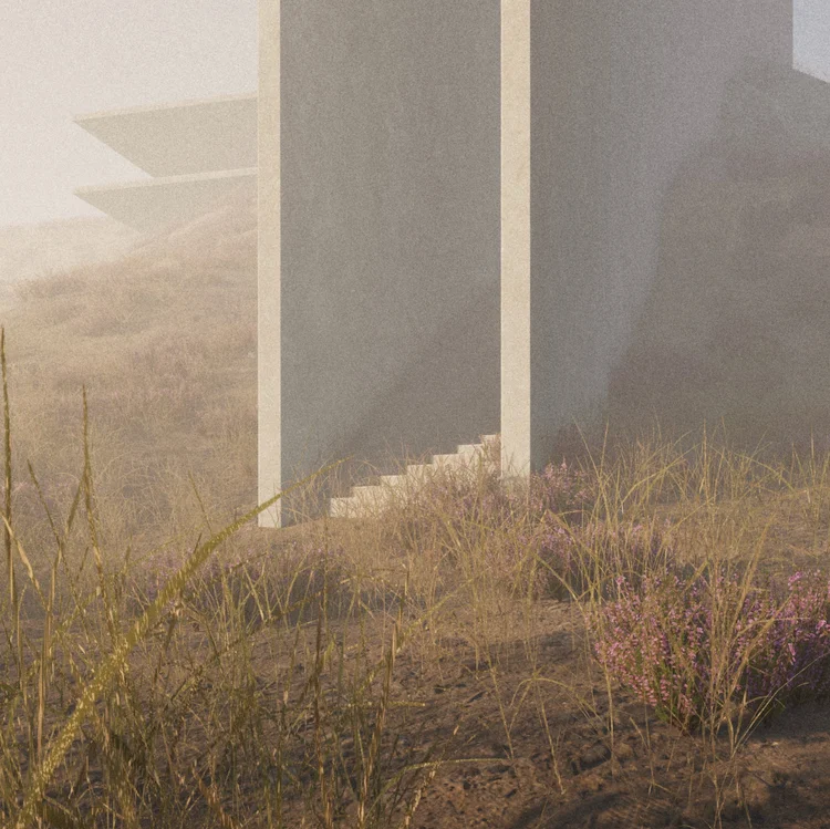 View up a concrete stairway toward the sky