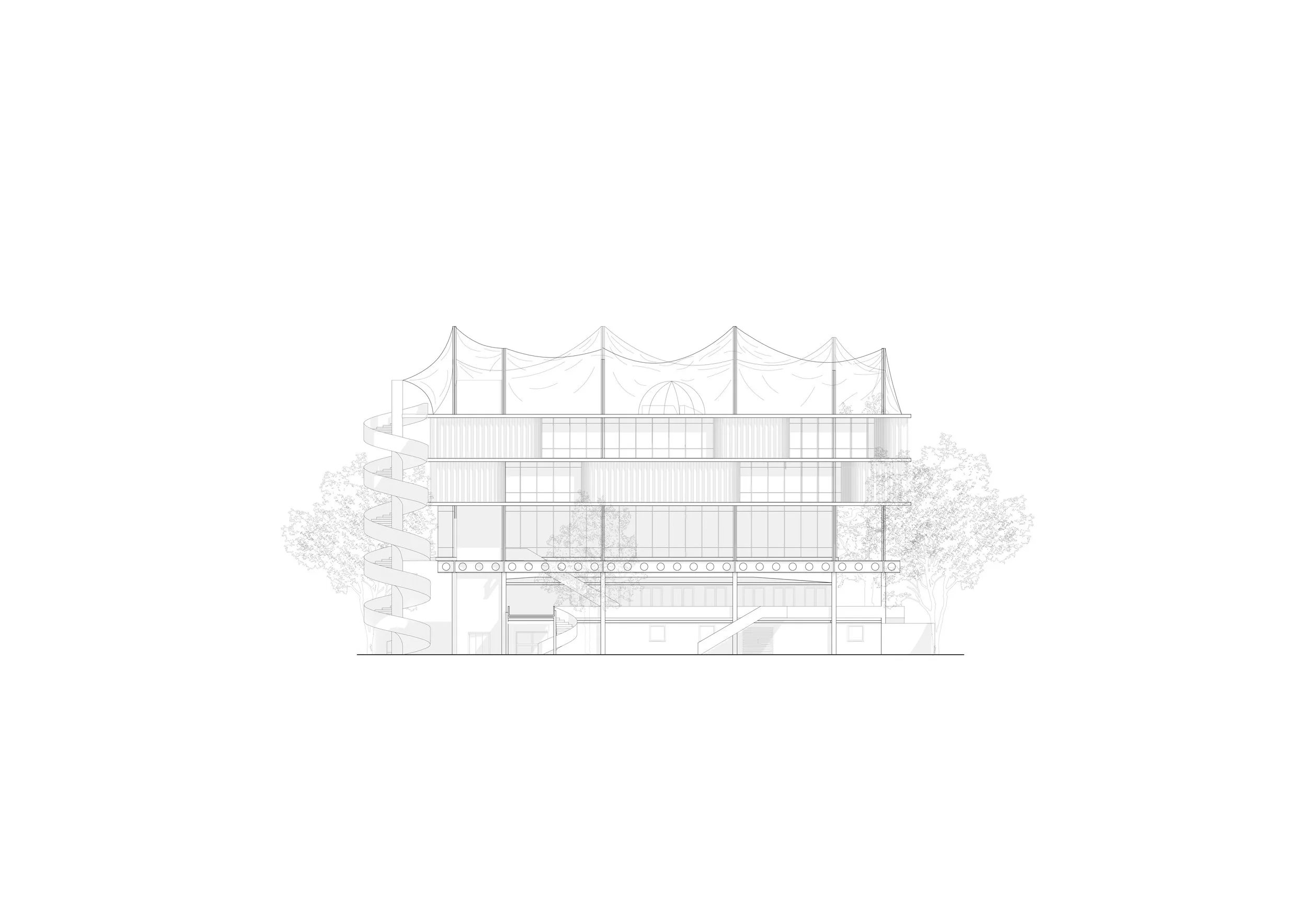 Architektonische Zeichnung eines modernen Gebäudes mit mehreren Stockwerken und einer Spiralrutsche auf der Außenseite.