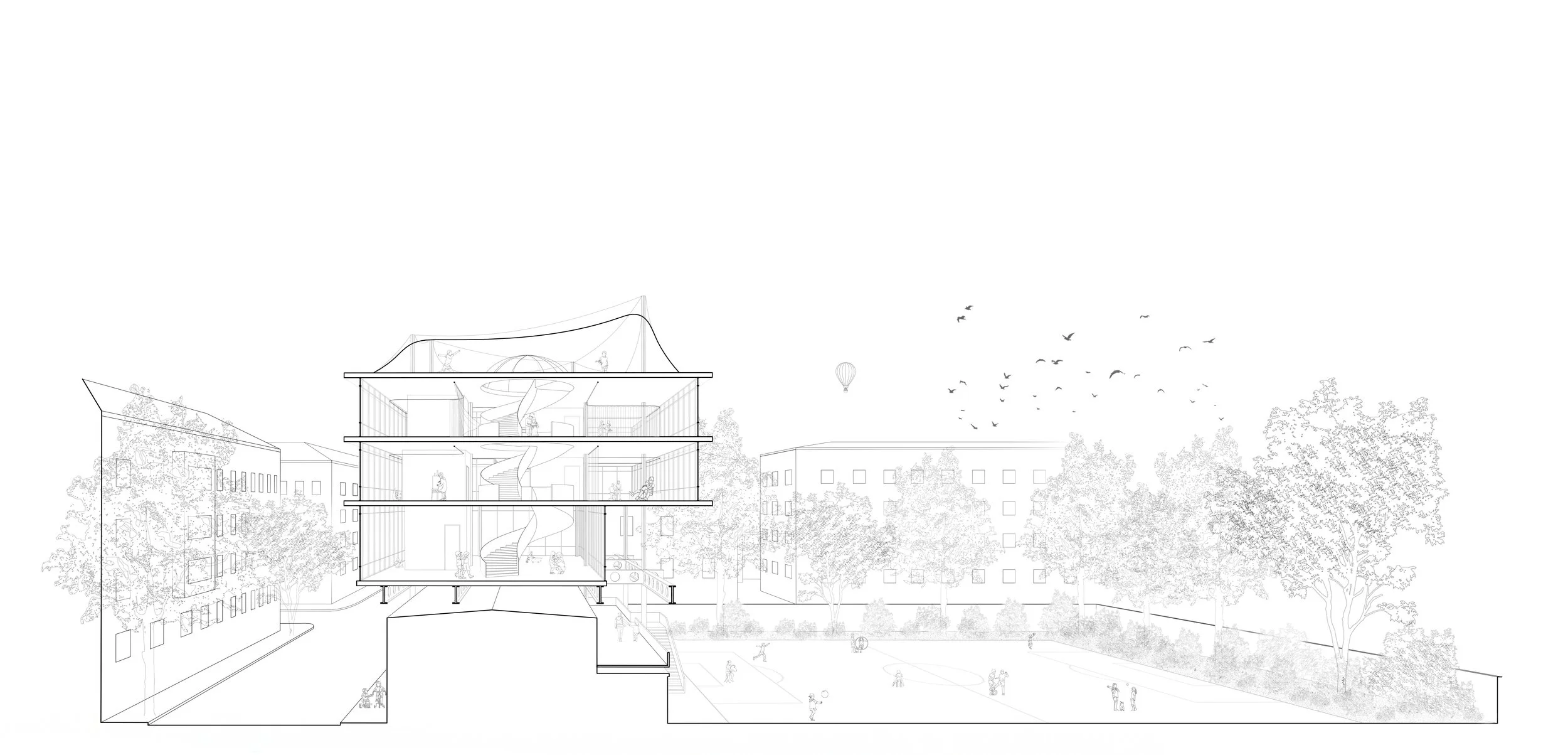 Architektonische Skizze eines mehrstöckigen Gebäudes mit offener Spiralrutsche im Innenraum, umgeben von Bäumen und einer spielenden Gruppe im Freien, mit fliegenden Vögeln am Himmel.