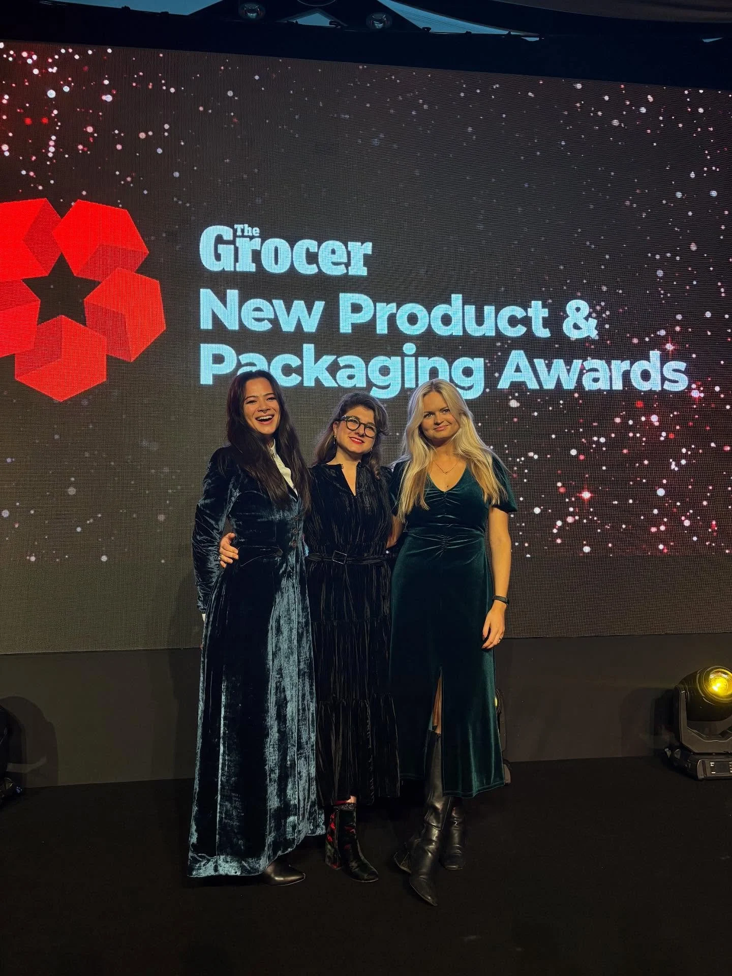 The @unrooteddrinks team and I won Gold @thegrocerofficial  New Product &amp; Packaging Awards for the Super Greens shot I developed.  A sneak peak picture of us girls in velvet. 

#newproductandpackagingawards #grocer