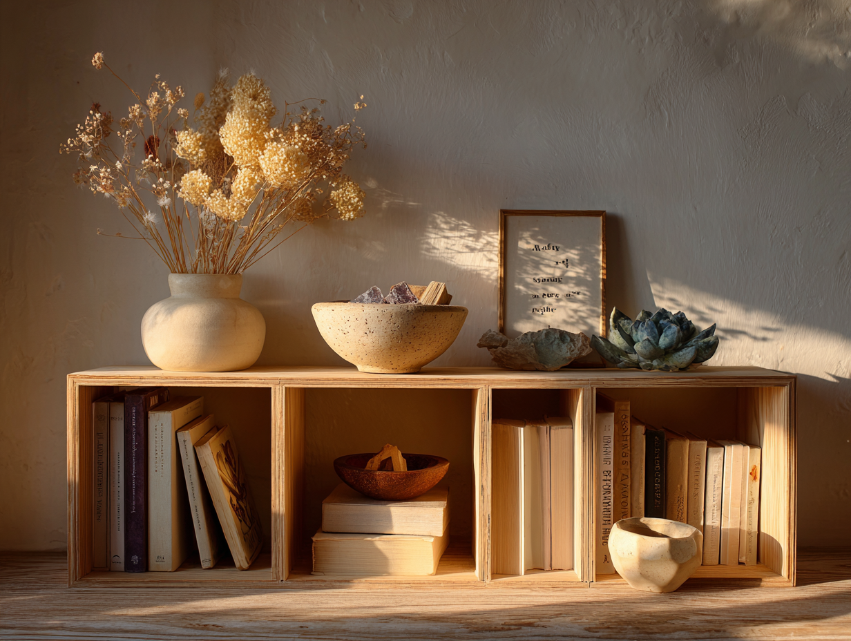 Decorative wooden bookshelf with books, a white vase with dried flowers, a speckled ceramic bowl with rocks and wood pieces, a framed quote, a leaf-shaped sculpture, and a small ceramic bowl, all bathed in warm natural sunlight.