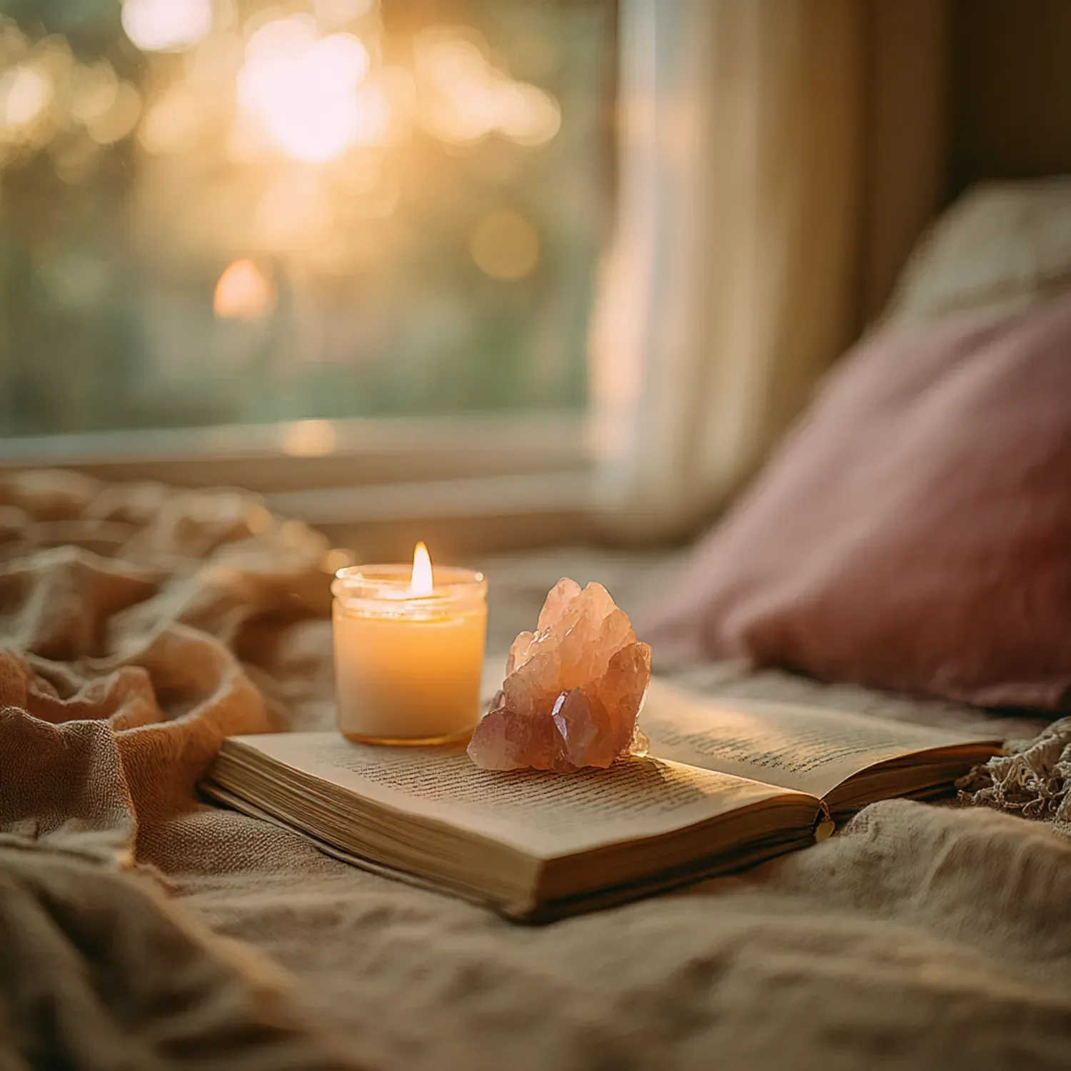 Open book with a large pinkish rock and a lit candle beside it, surrounded by soft blankets near a window with sunlight.