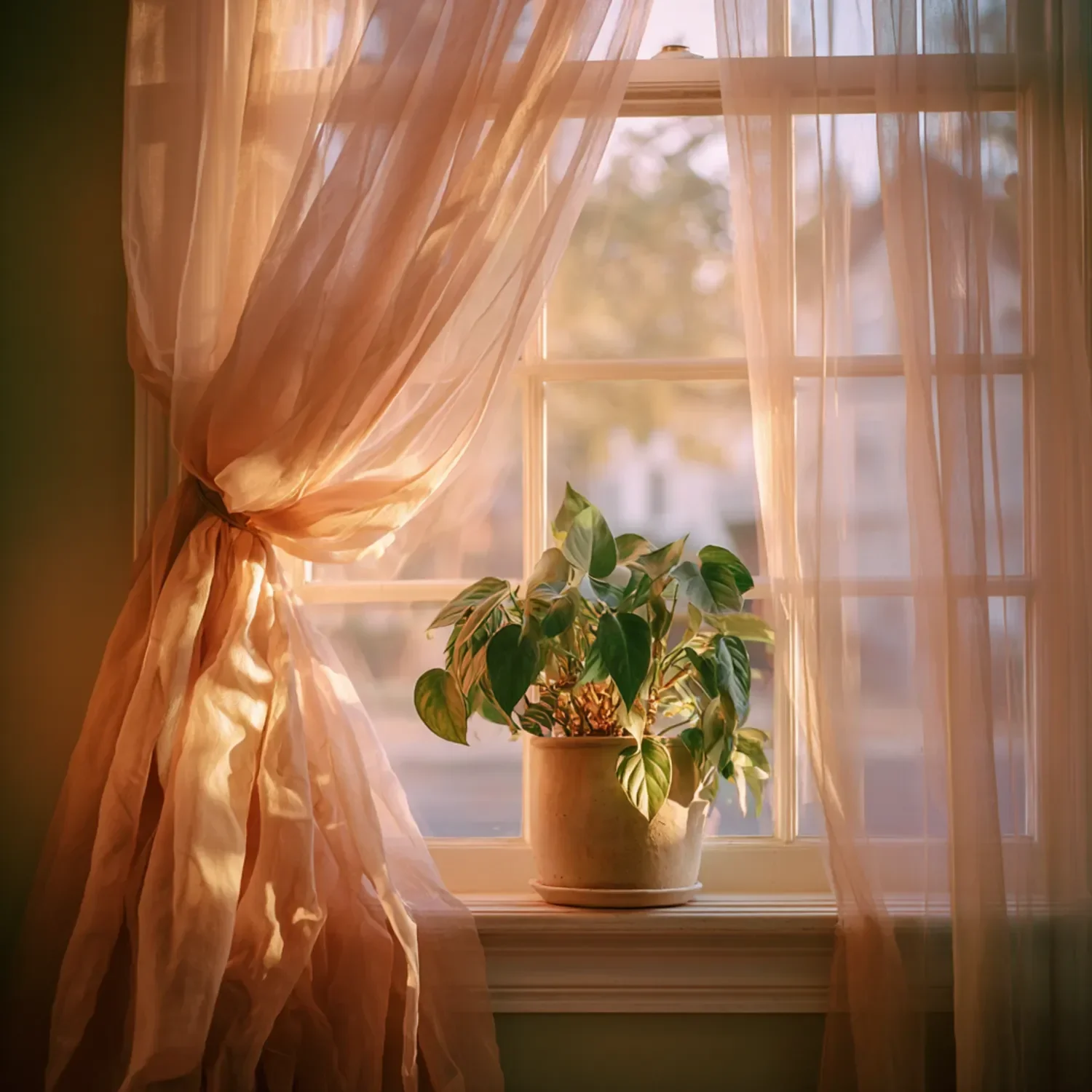 A window with sheer, peach-colored curtains, partly pulled back, with a potted green plant on the windowsill. The sunlight softly illuminates the scene.