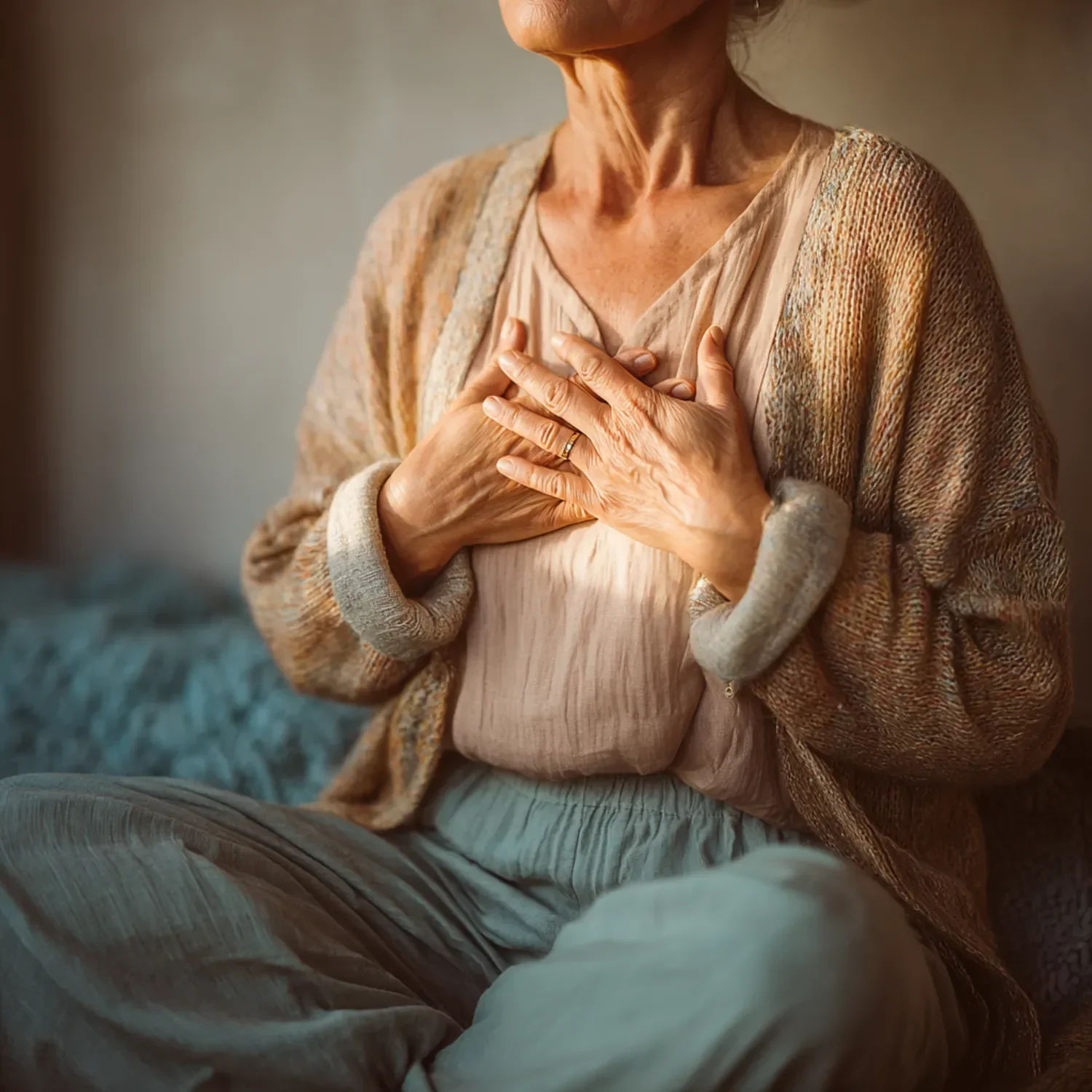 An elderly woman with light skin, wearing a beige shirt and a knitted cardigan, is sitting with her hands on her chest, appearing to be feeling emotional or grateful.