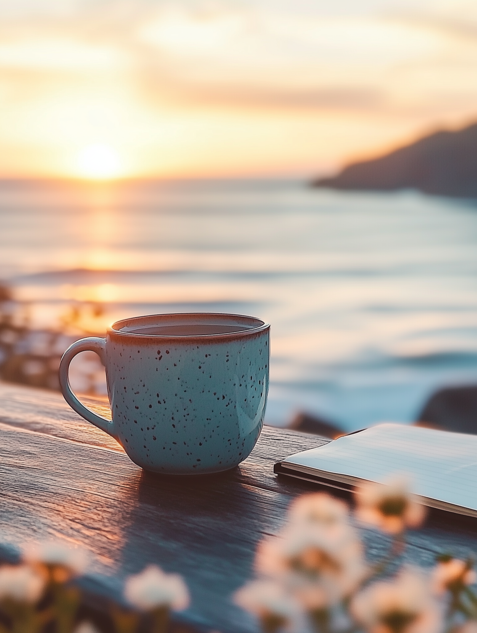 A white mug with black speckles on a wooden surface next to an open notebook, with a blurred sunset over the ocean and a mountain in the background.