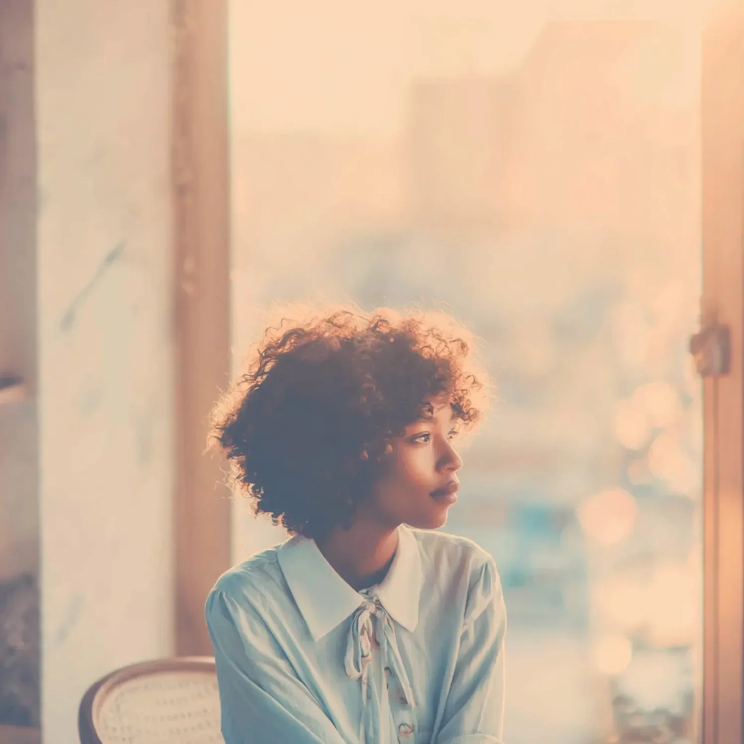 A woman with curly hair sitting indoors, looking out a window during sunrise or sunset, with soft warm light illuminating her profile.