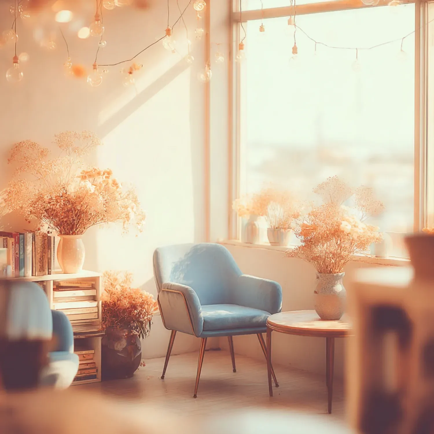 Sunlit living room with blue armchair, wooden table, vases with dried flowers, a bookshelf, and string lights