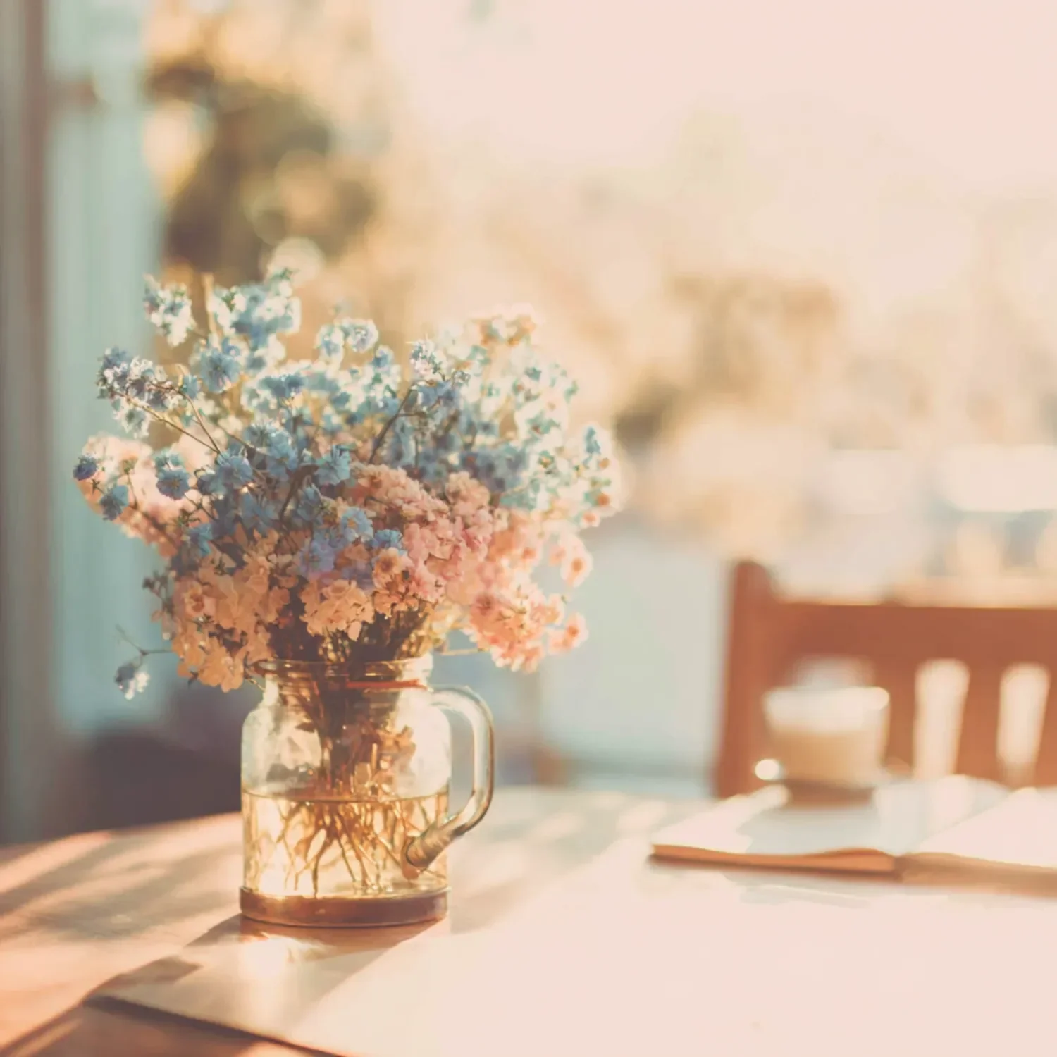 A glass vase filled with pink and blue flowers on a table, with sunlight streaming through a window, casting shadows.