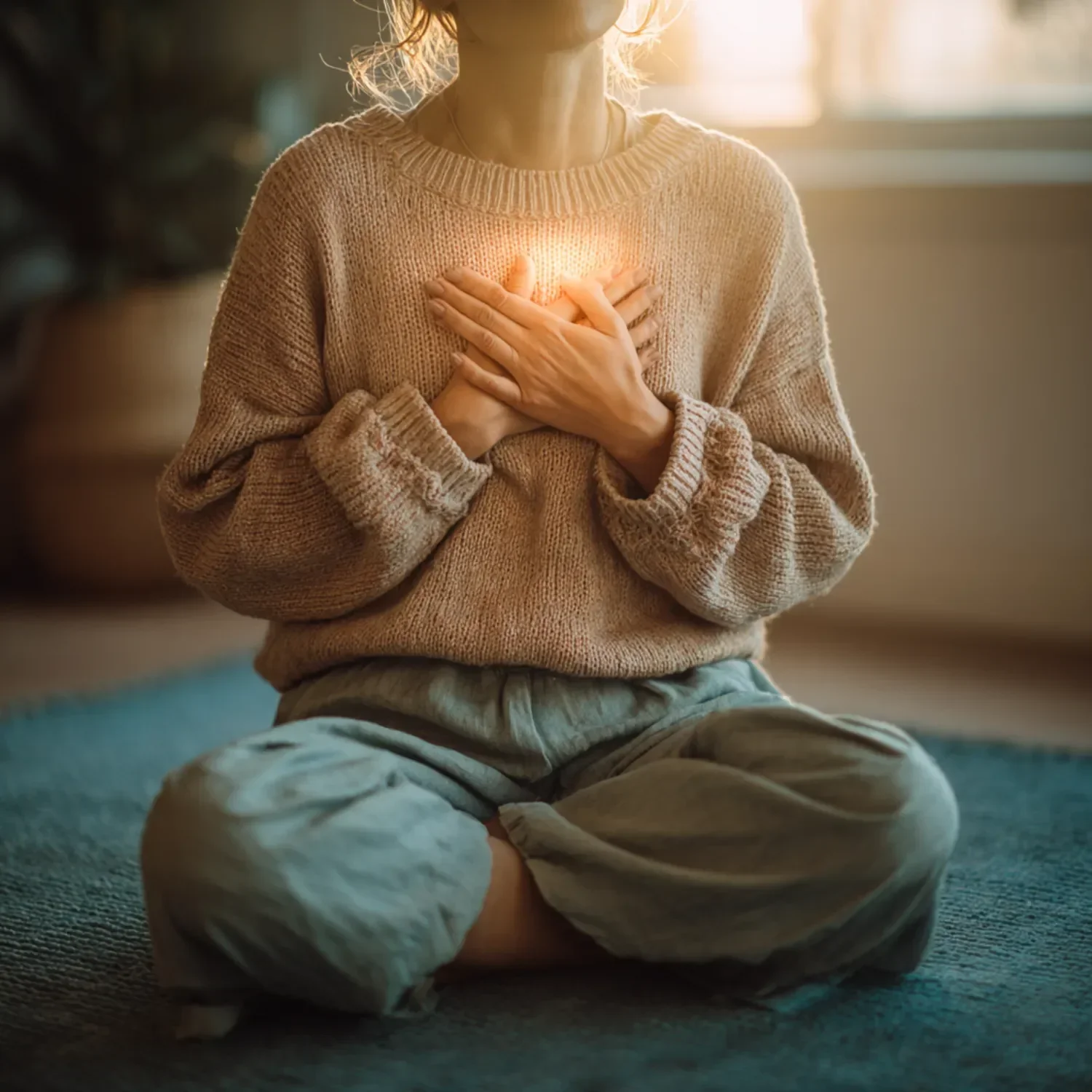 A person sitting cross-legged on a mat indoors, wearing a beige sweater and gray pants, holding their hands over their chest with sunlight shining behind them.
