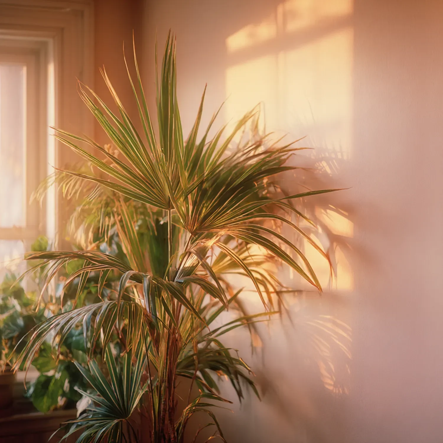Indoor houseplant near a window with sunlight casting shadows on the wall.