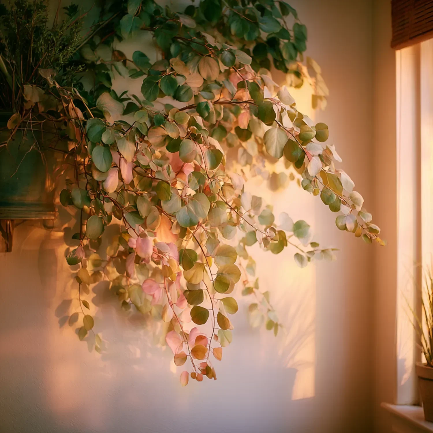 Hanging basket with long, trailing green and pink leaves inside a room near a window with sunlight.