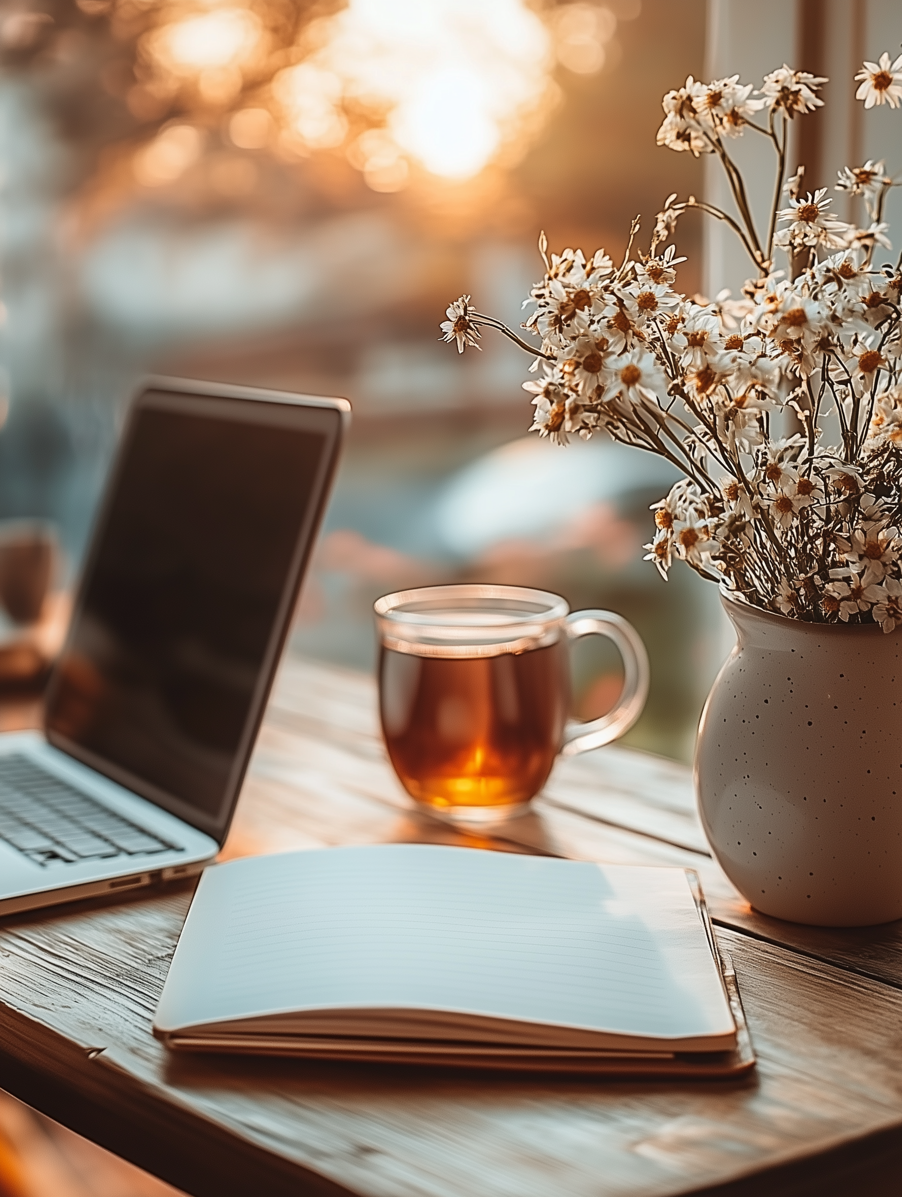 A cozy workspace featuring a laptop, an open notebook with blank lined pages, a yellow-orange coffee mug, a ceramic vase with dried white flowers, and a blurred background with sunlight.