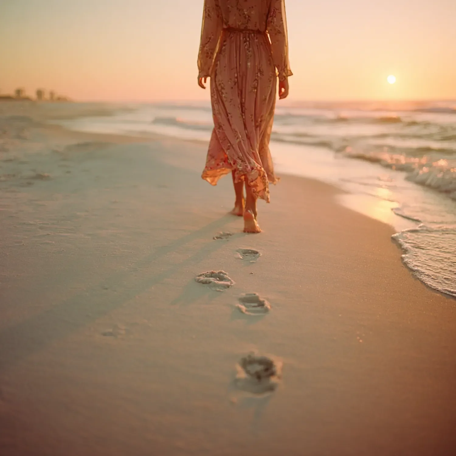 A person walking barefoot on the beach at sunset, leaving footprints in the wet sand.