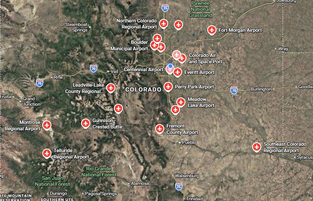 Map of Colorado with locations of various airports marked by red airplane icons, including Denver International Airport, Colorado Springs Airport, and Fort Morgan Airport. Aircraft Detailing & Cleaning Services in Denver and Surrounding Areas.