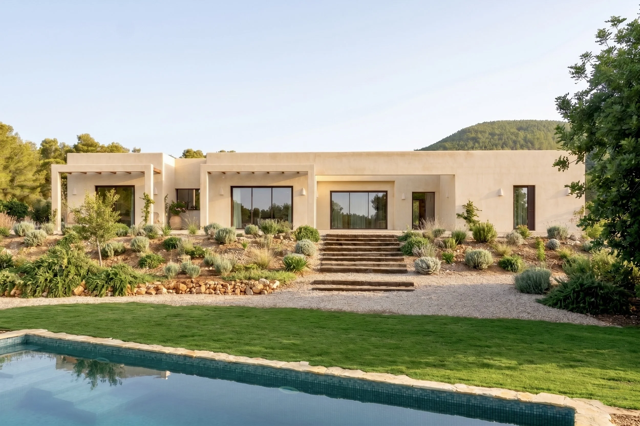 Vista de una casa moderna en suelo rústico en Ibiza con jardín, piscina y colinas verdes al fondo en un día soleado