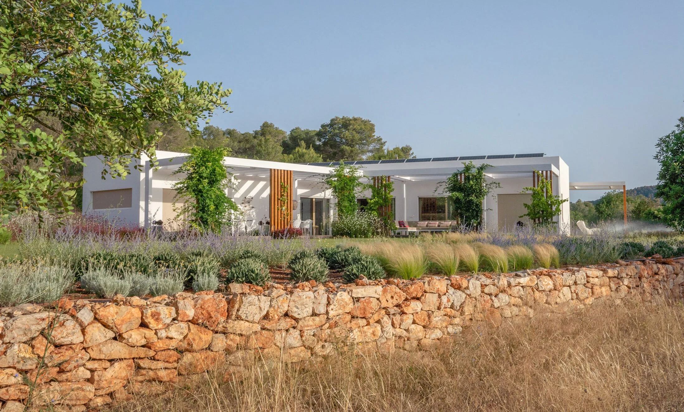 Casa moderna blanca con un techado que tiene paneles solares, rodeada de plantas y un muro de piedras en un entorno natural con árboles y colinas al fondo.